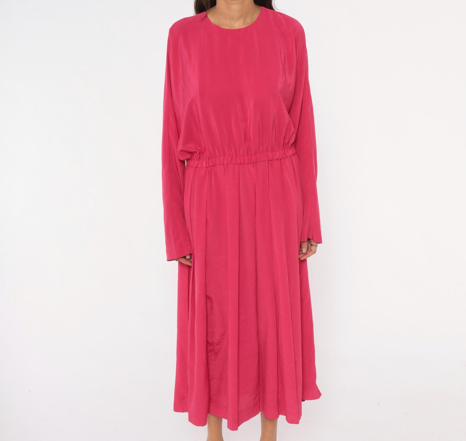 1980s J.Ellis II Fuchsia Midi Dress Blouson Waist Pleated Skirt Extra Large