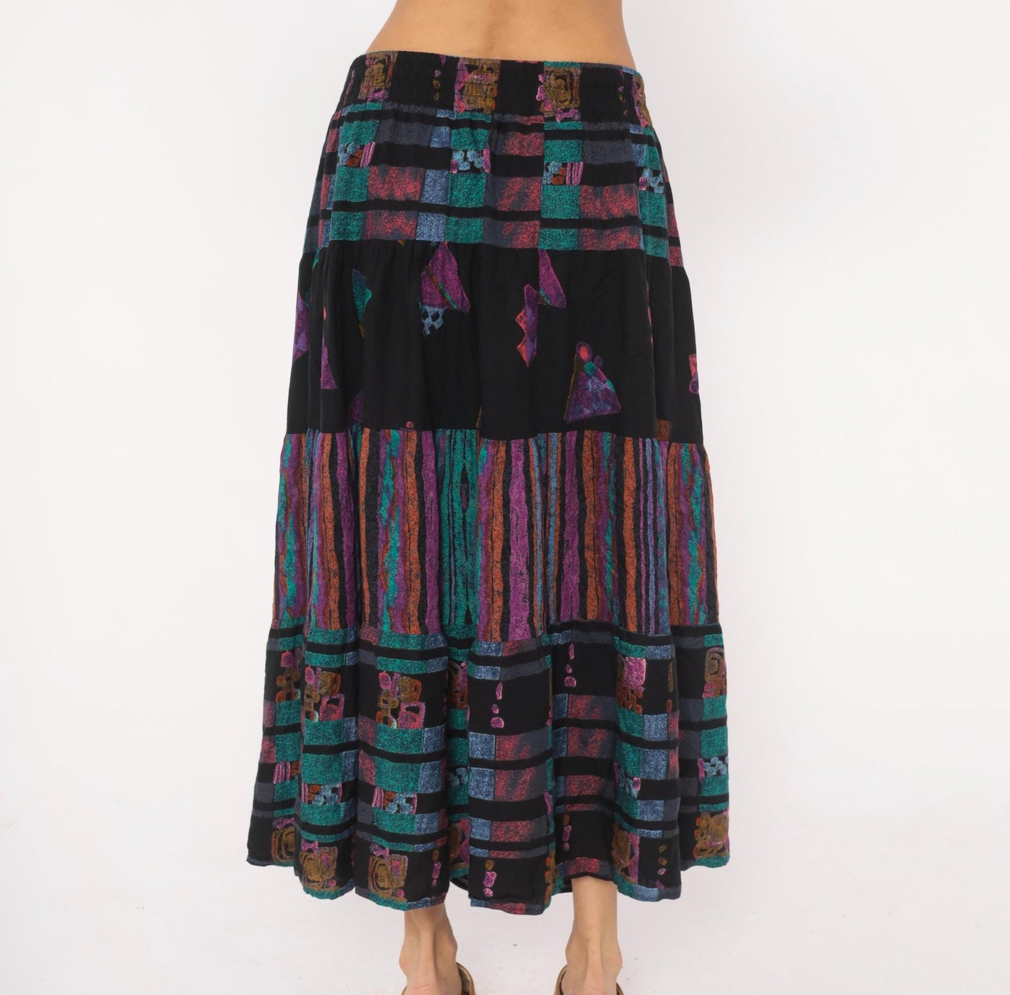 90s Adrian Jordan Tiered Maxi Skirt Black Teal Purple Geometric Plus Size XXL