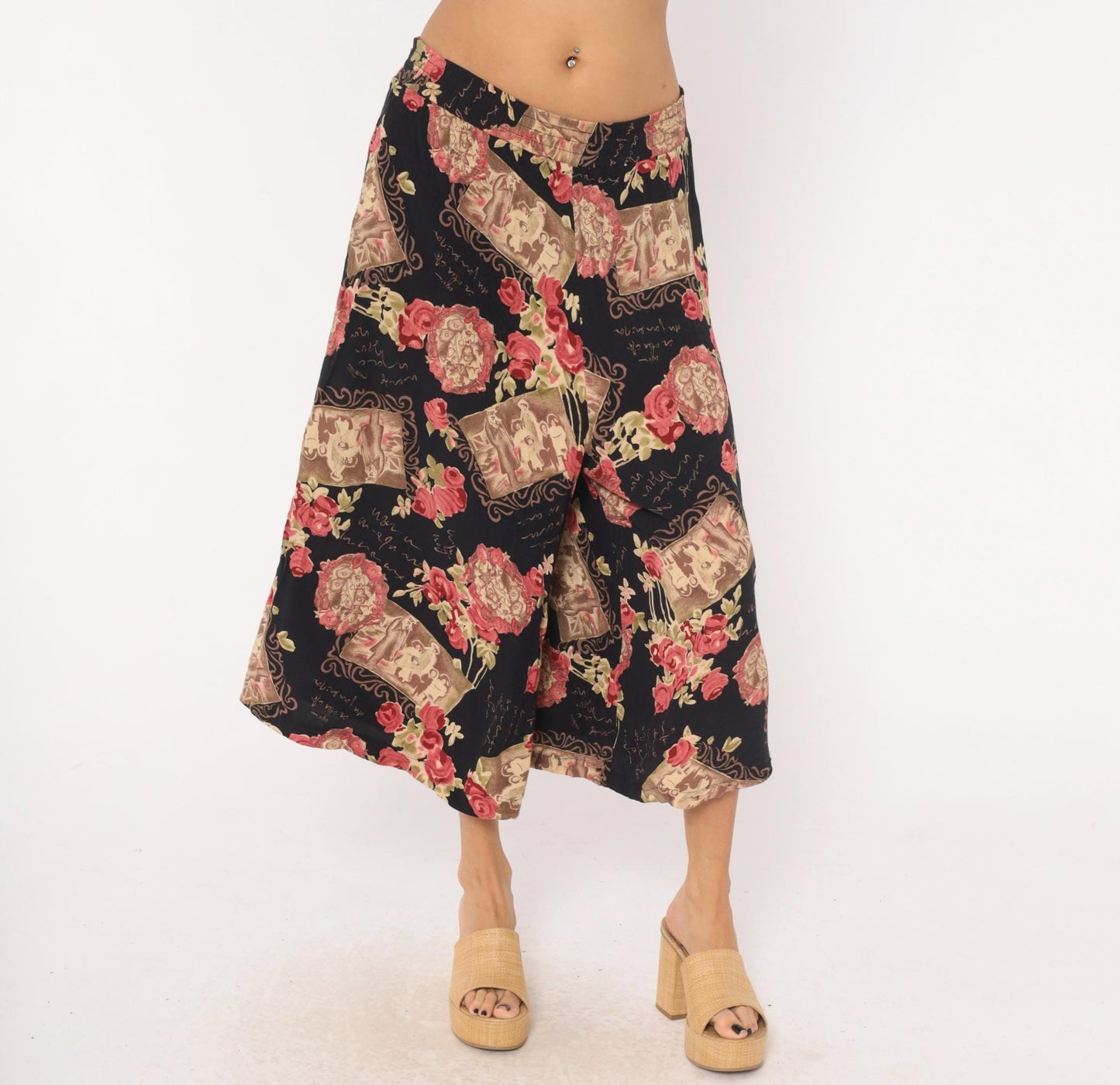 90s Impressions of California Culottes Black Floral Victorian Print Wide Leg Large L