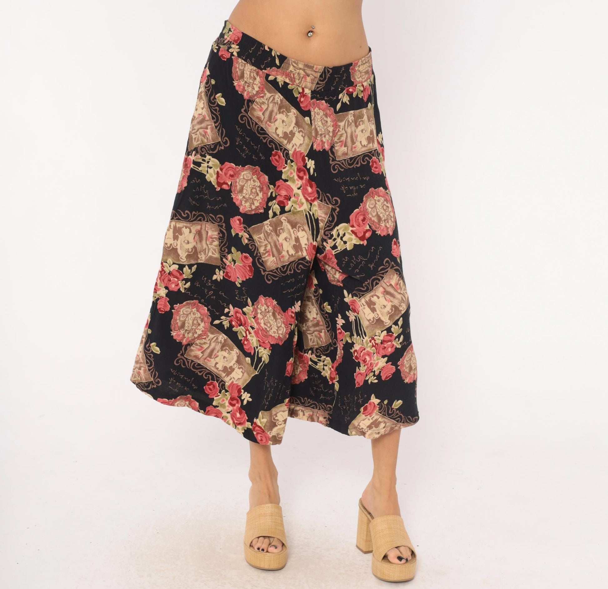 90s Impressions of California Culottes Black Floral Victorian Print Wide Leg Large L
