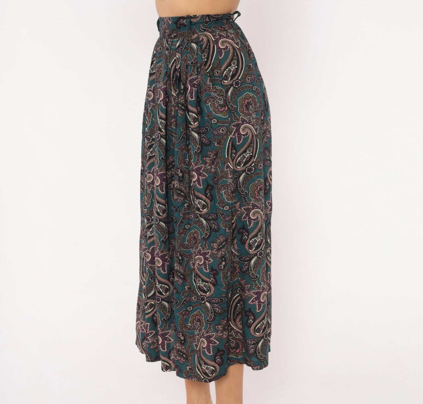 90s Words Paisley Pleated Midi Skirt Teal Pink Olive Extra Small XS