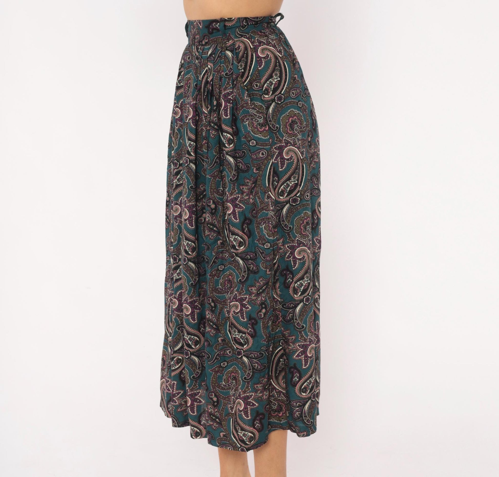 90s Words Paisley Pleated Midi Skirt Teal Pink Olive Extra Small XS