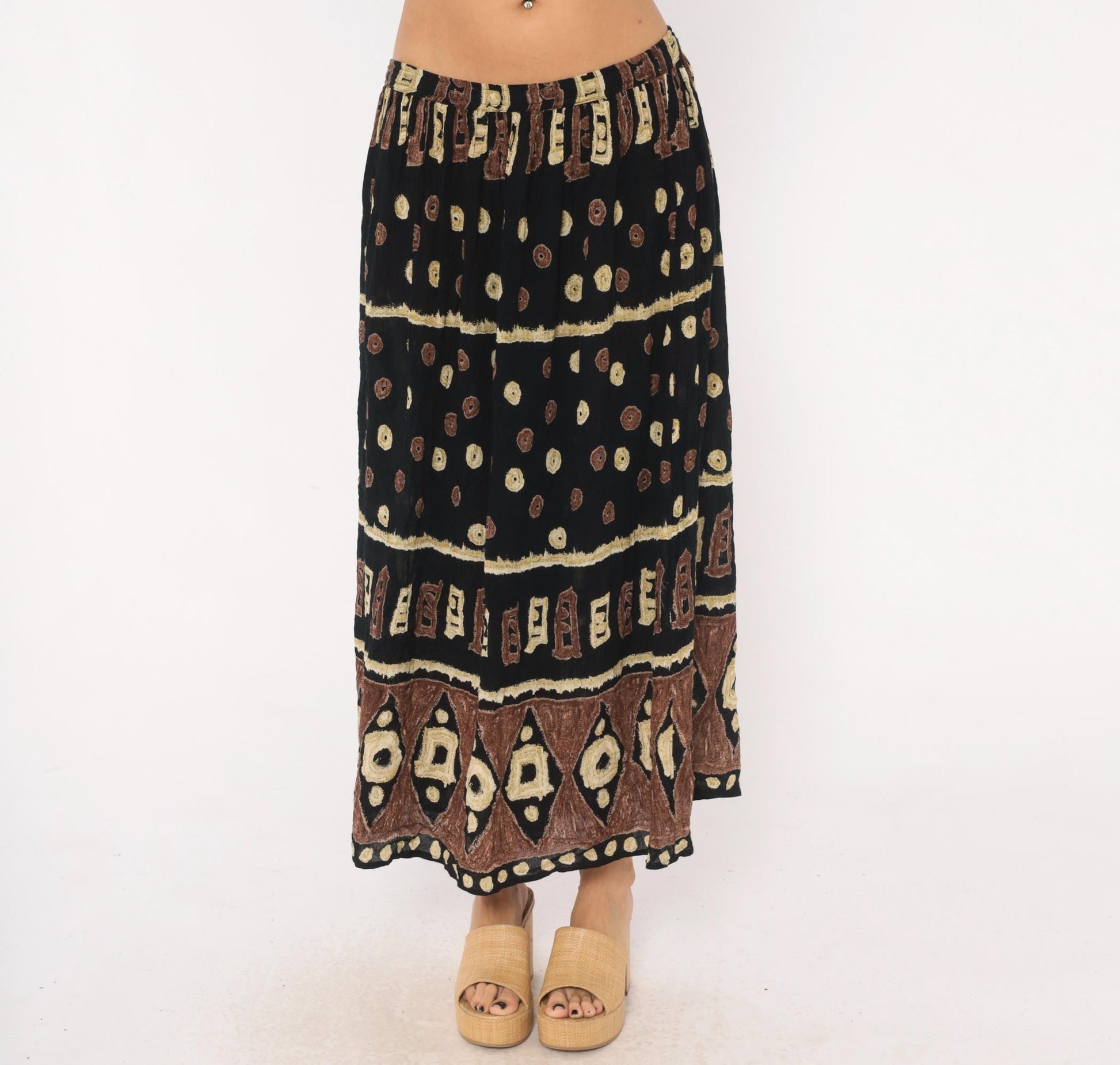 90s Bila Maxi Skirt Black Brown Batik Tribal Geometric Print Extra Large