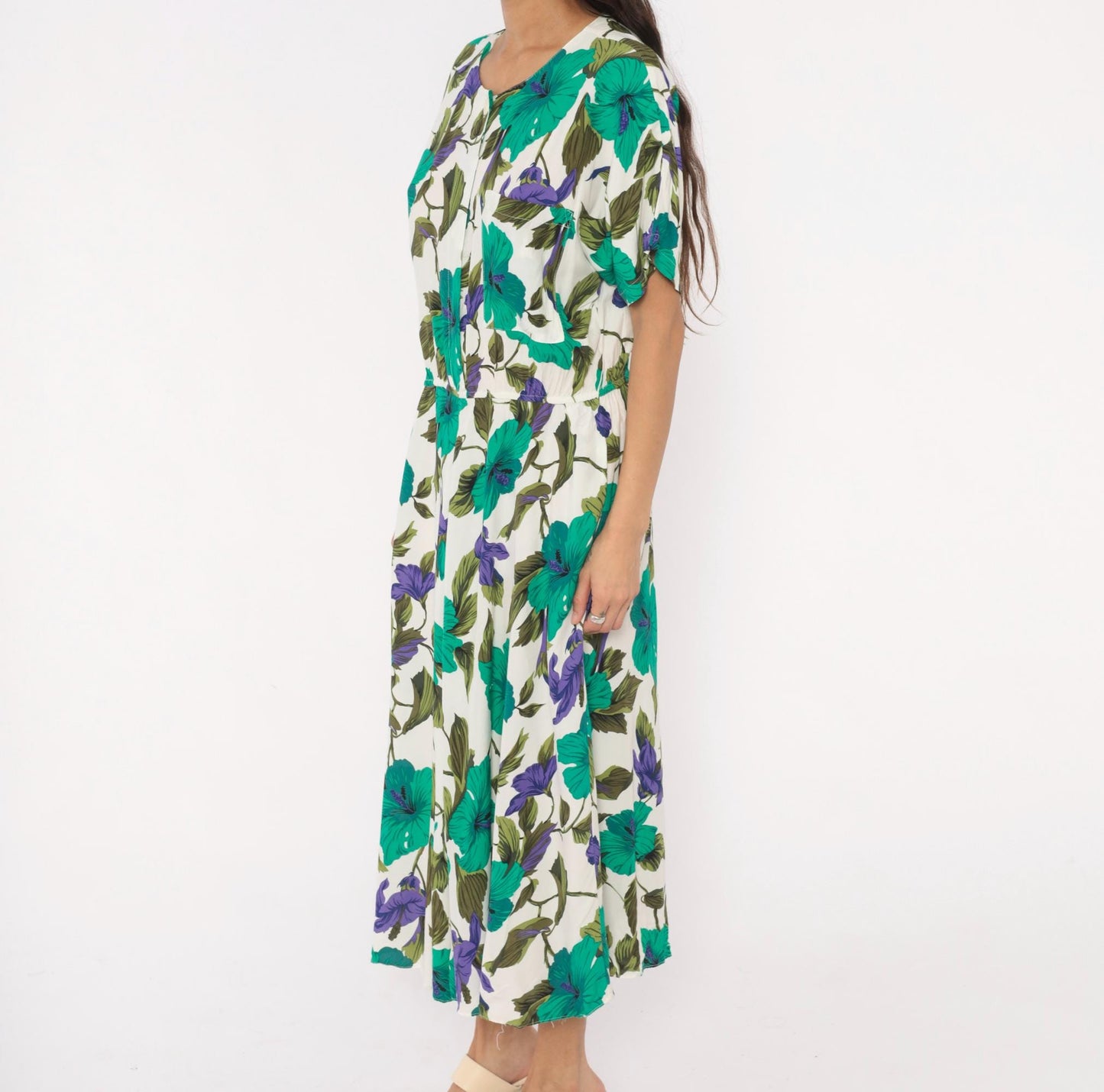 80s Tropical Hibiscus Midi Dress Teal Purple Floral Button Front Large L