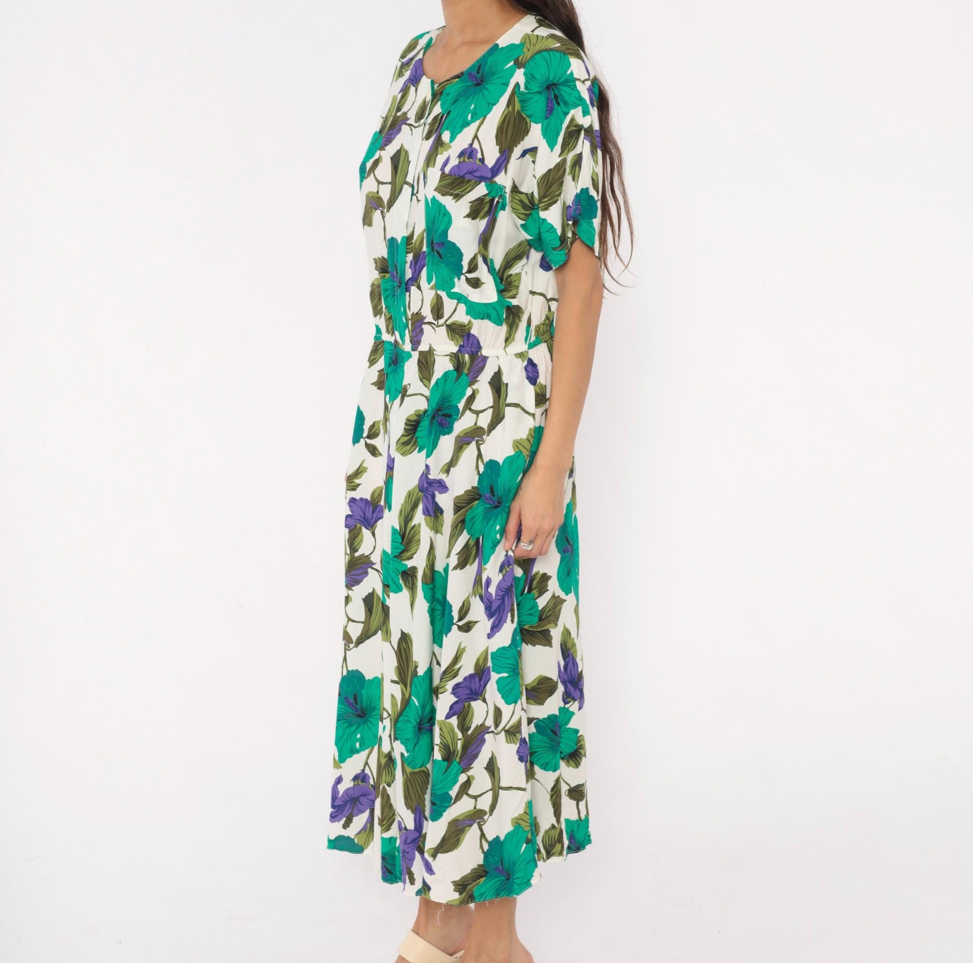 80s Tropical Hibiscus Midi Dress Teal Purple Floral Button Front Large L
