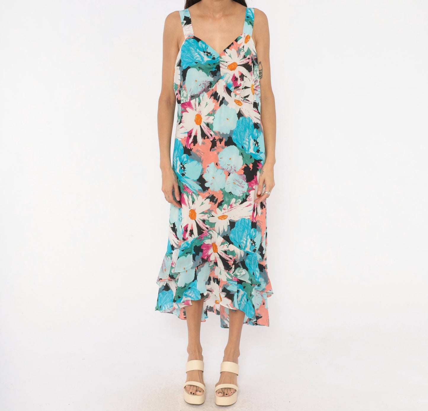 2000s Dress U Floral Maxi Sundress Aqua Pink Daisy V-Neck Plus Size XXL