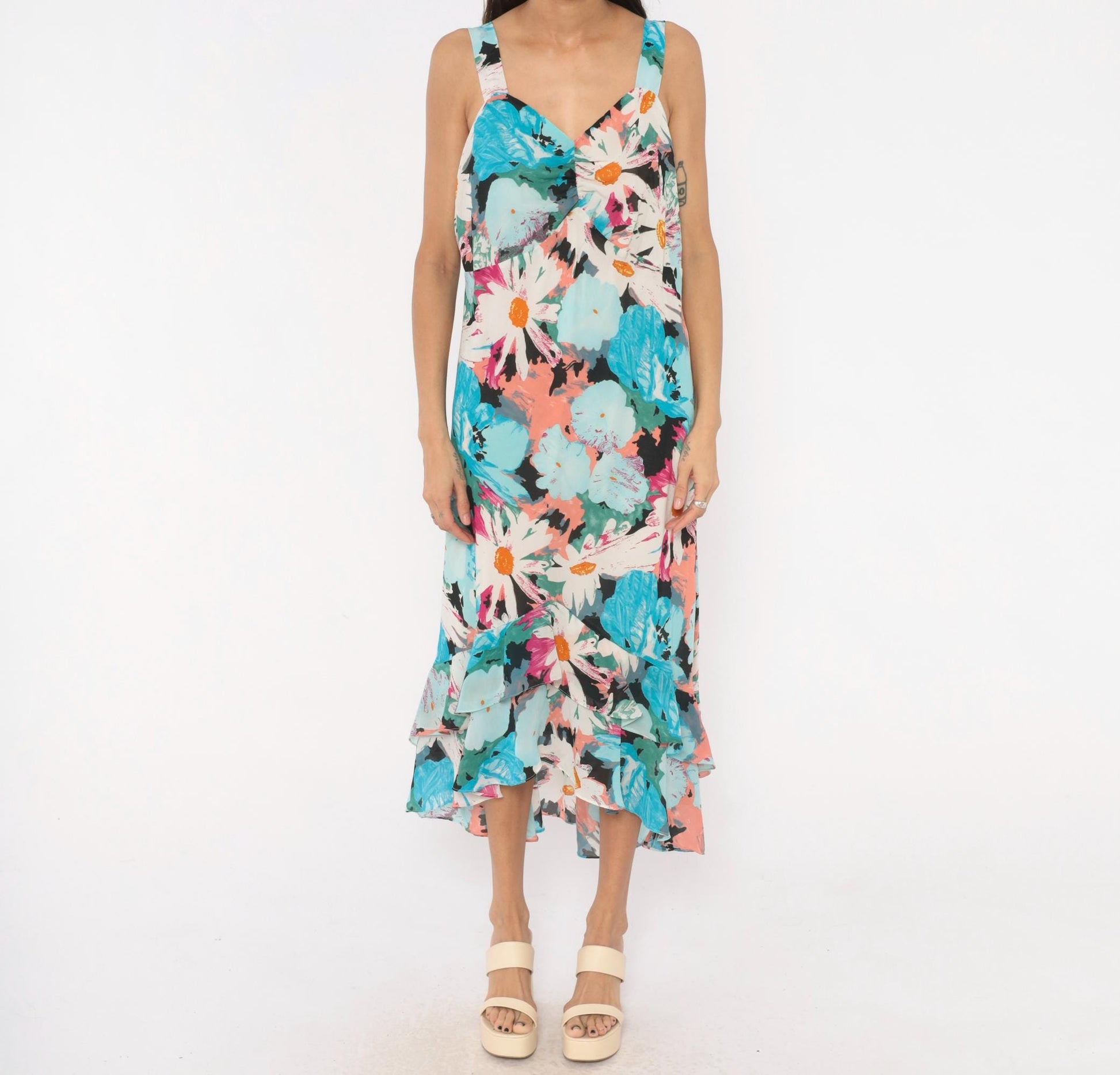 2000s Dress U Floral Maxi Sundress Aqua Pink Daisy V-Neck Plus Size XXL
