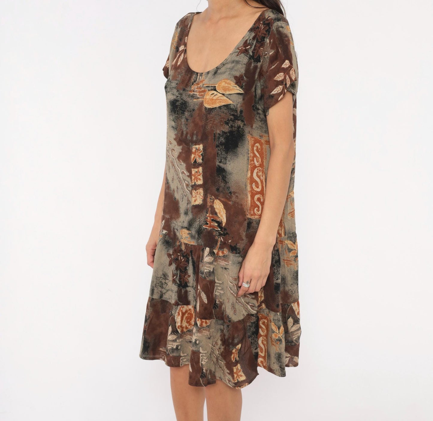 90s Island Attitude Botanical Patchwork Drop Waist Dress Brown Medium M