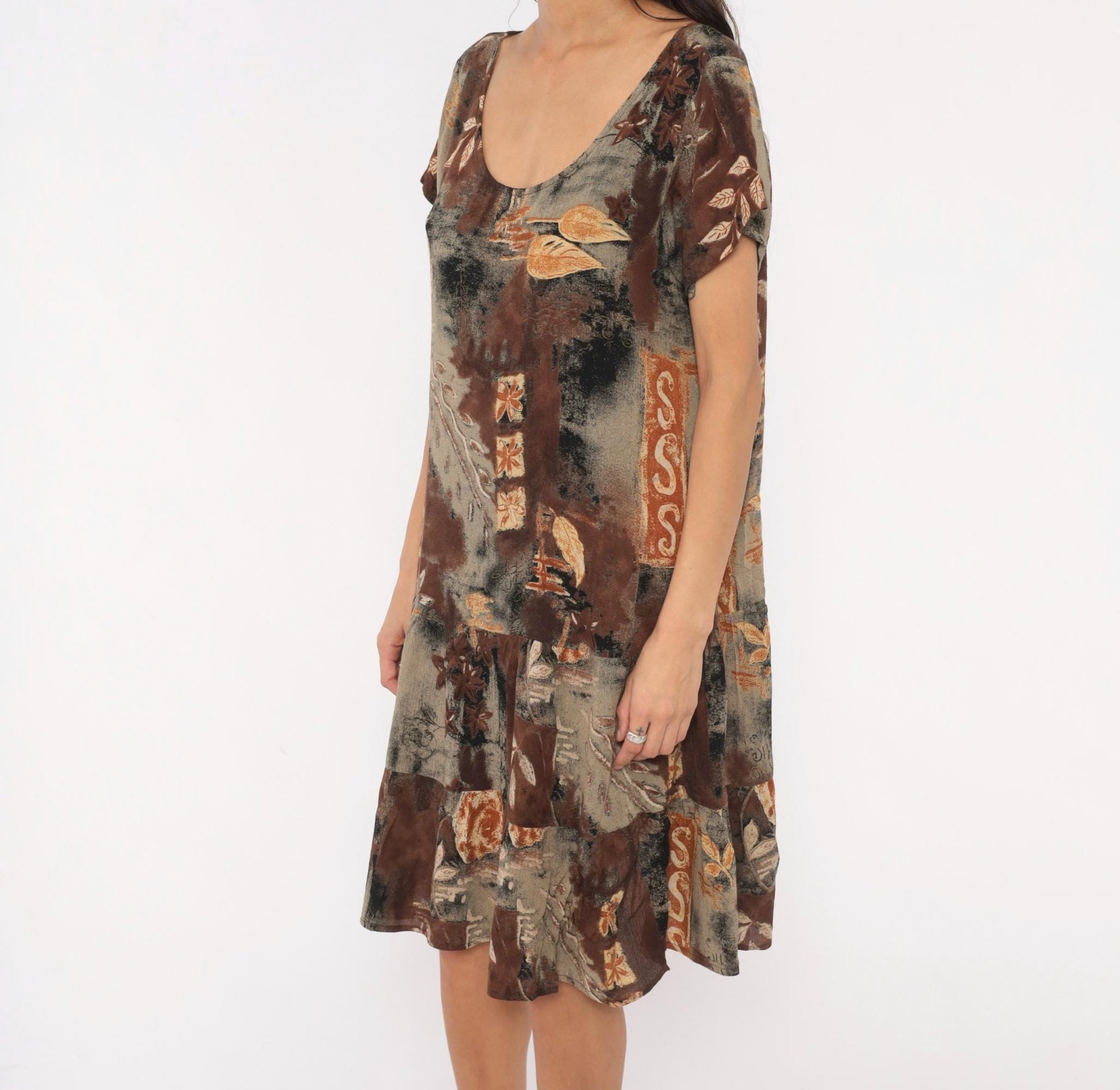 90s Island Attitude Botanical Patchwork Drop Waist Dress Brown Medium M