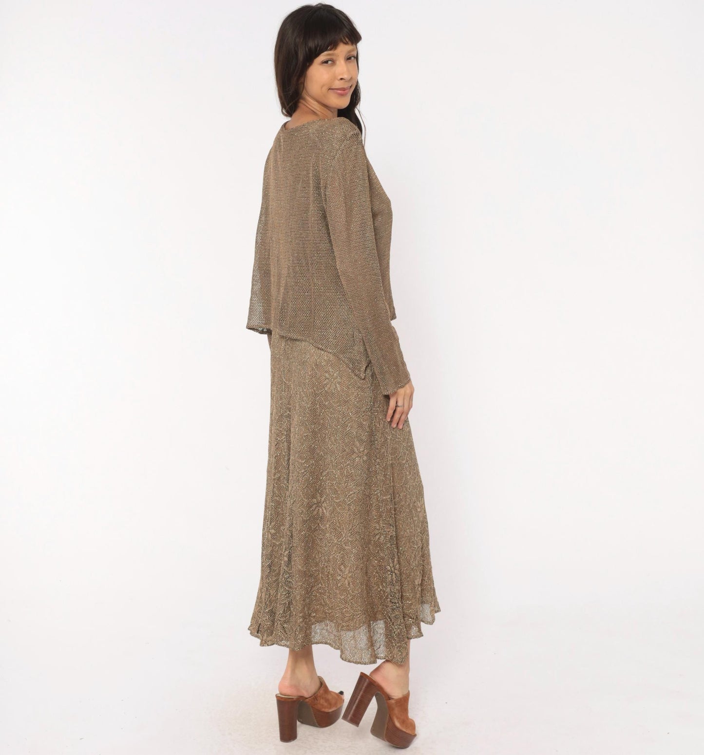 90s Onyx Nite Bronze Metallic Floral Lace Maxi Dress Long Sleeve Large L