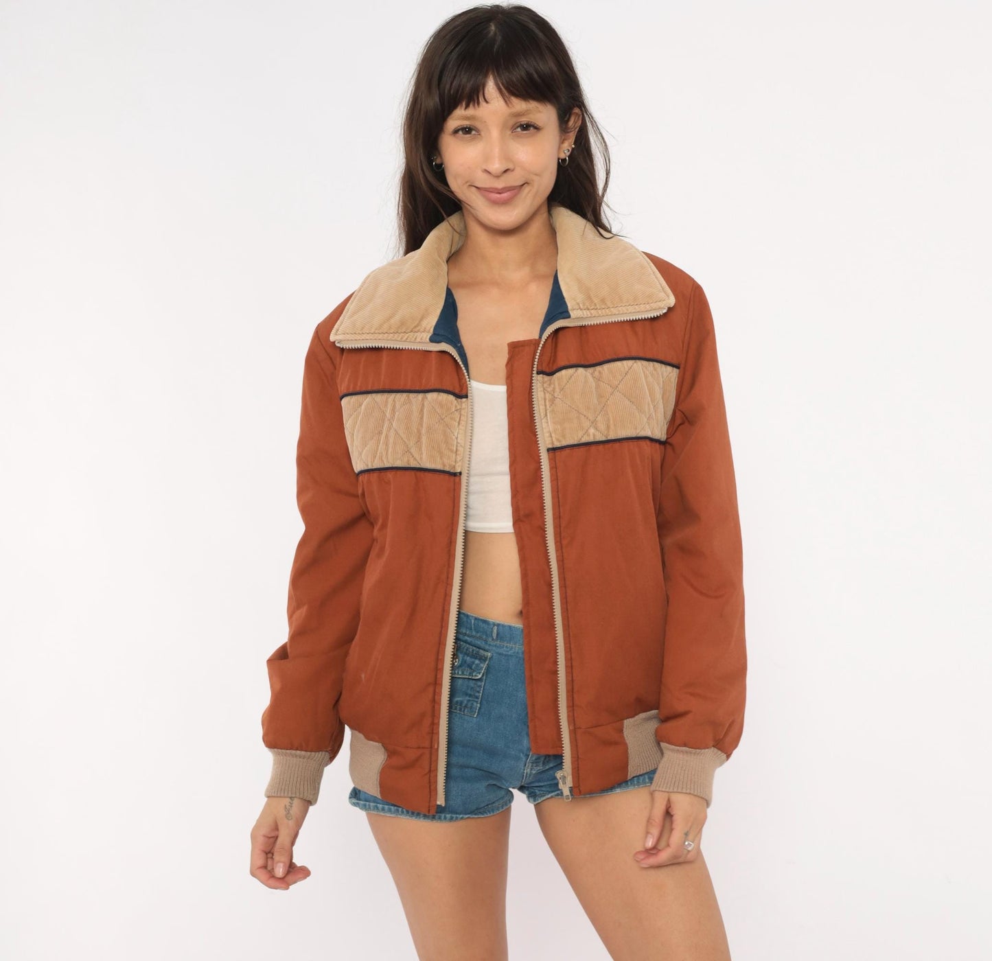 70s Golden Bay Ski Bomber Jacket Rust Brown Corduroy Color Block Small