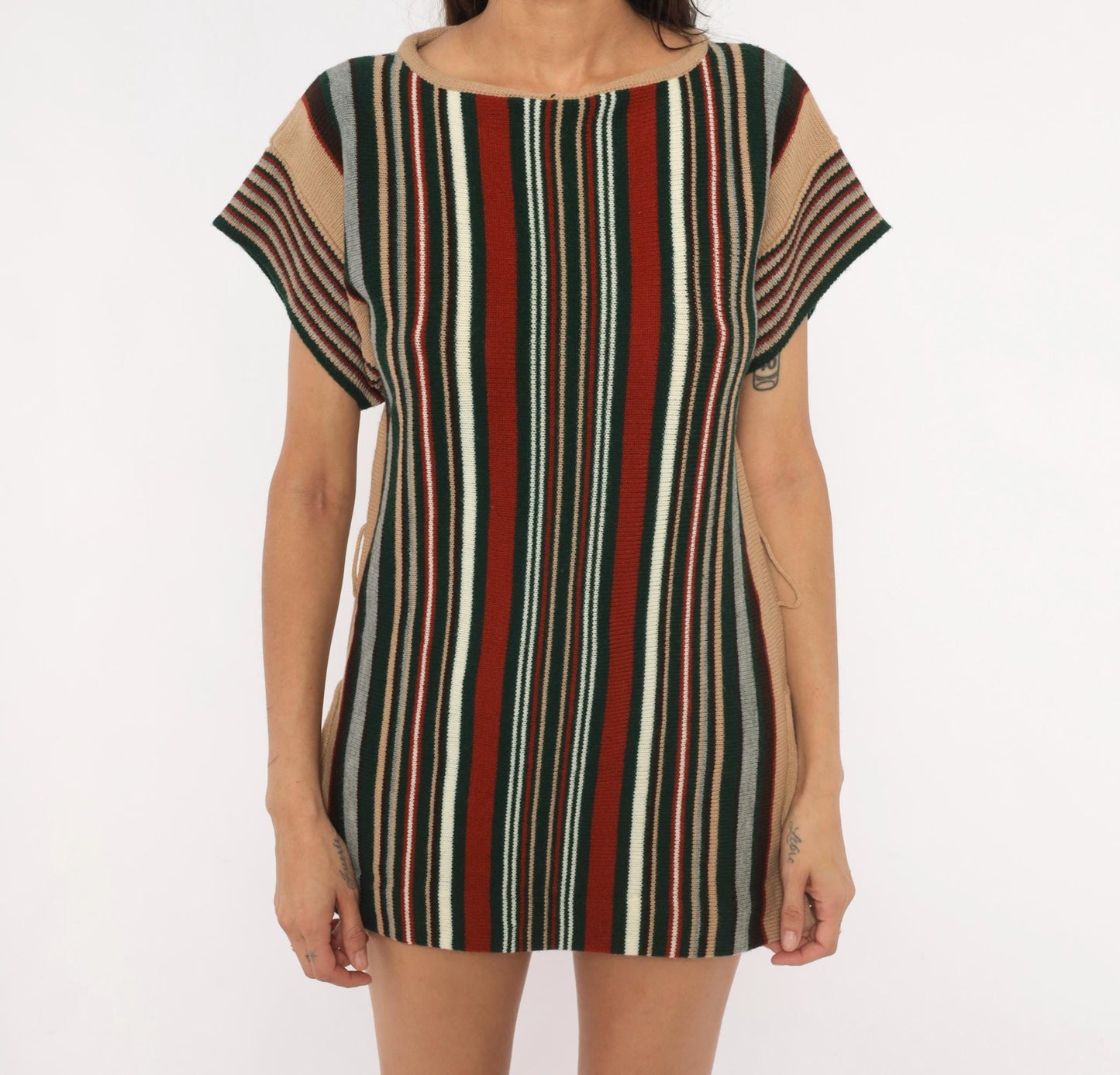 70s Exclusive Designs Striped Knit Tunic Burgundy Olive Cream Small