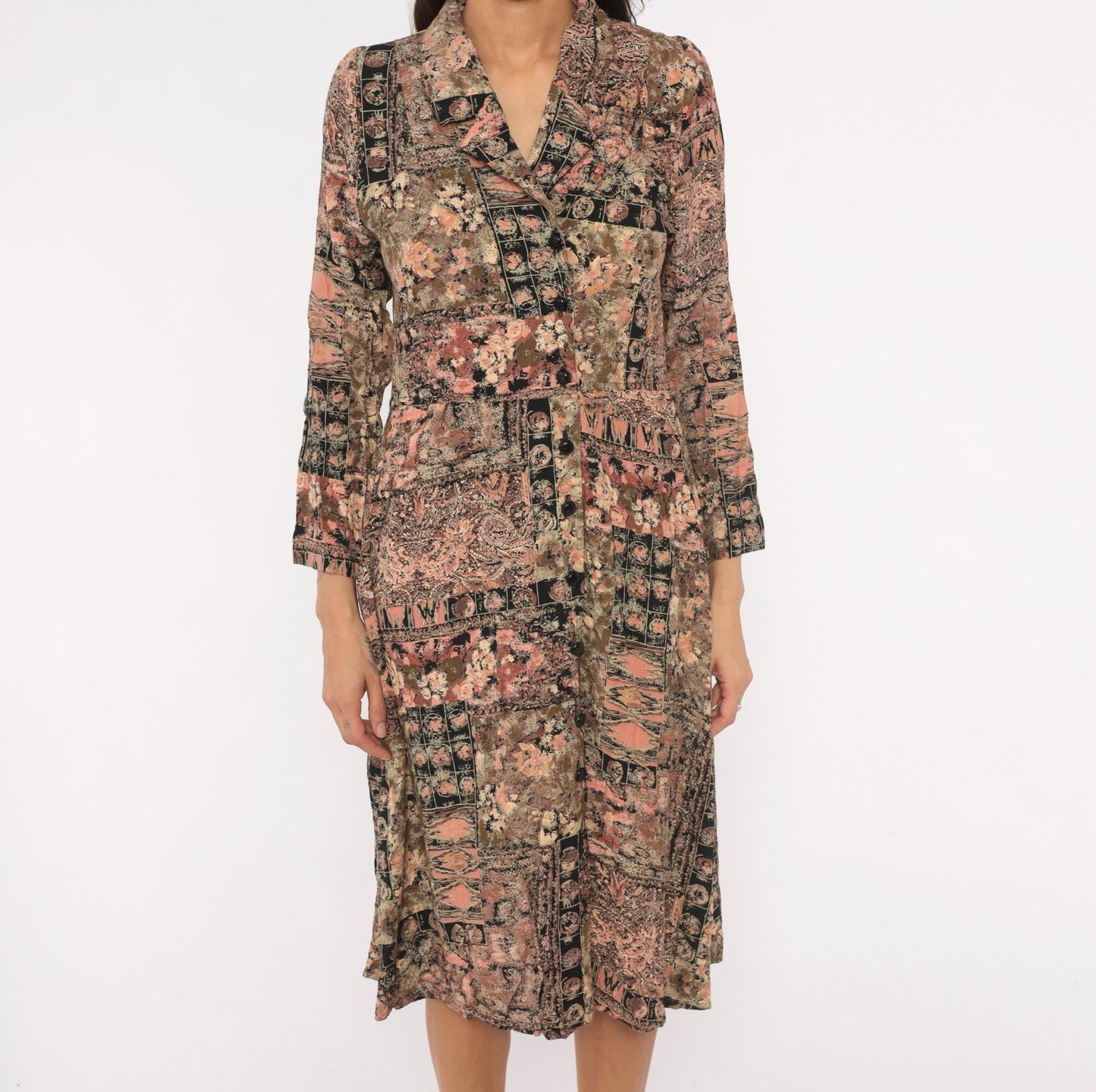 90s Patchwork Floral Midi Dress Paisley Mixed Print Pink Black Olive Small