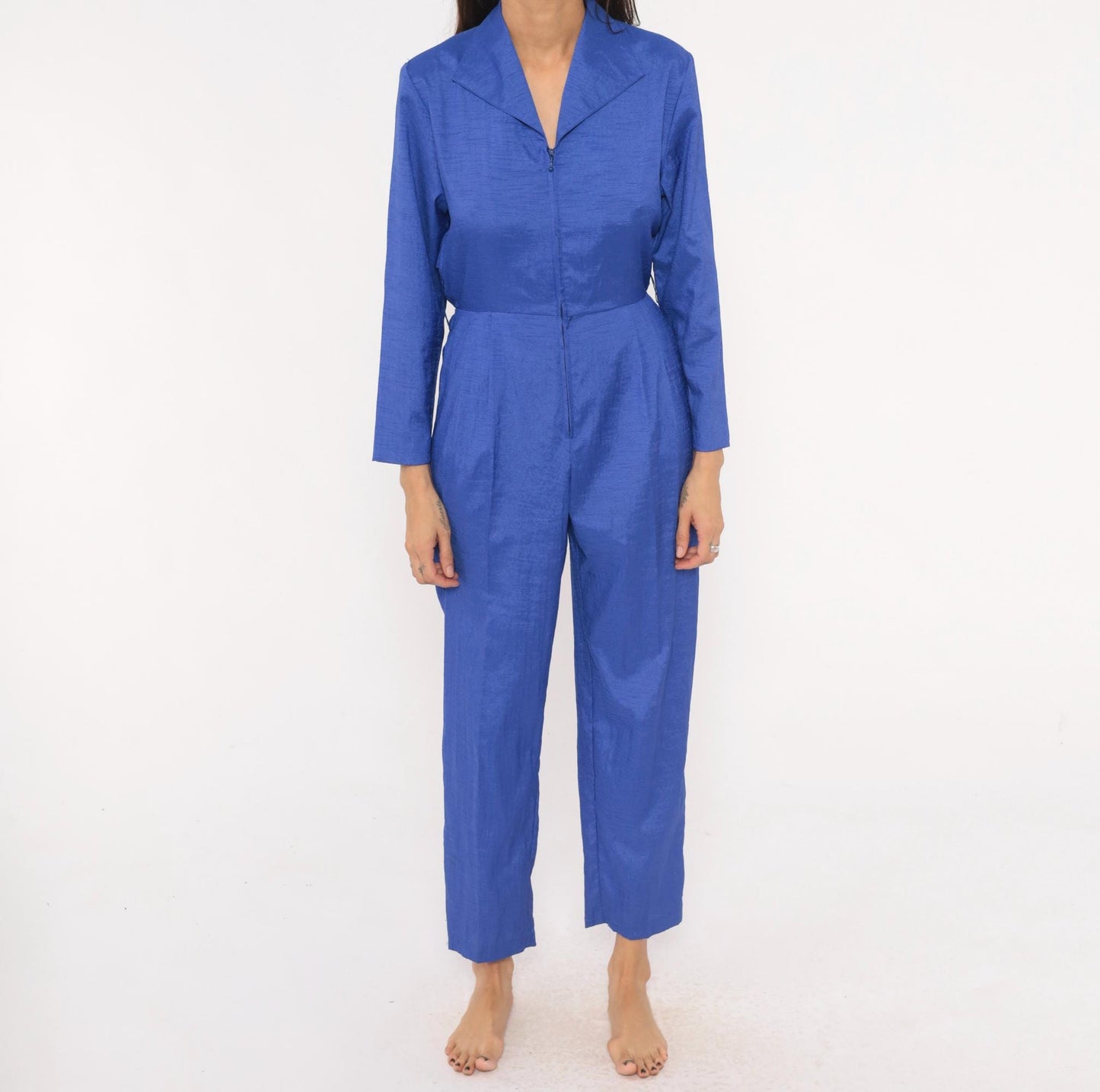 80s Joan Walters Cobalt Jumpsuit Long Sleeve Pleated Tapered Small