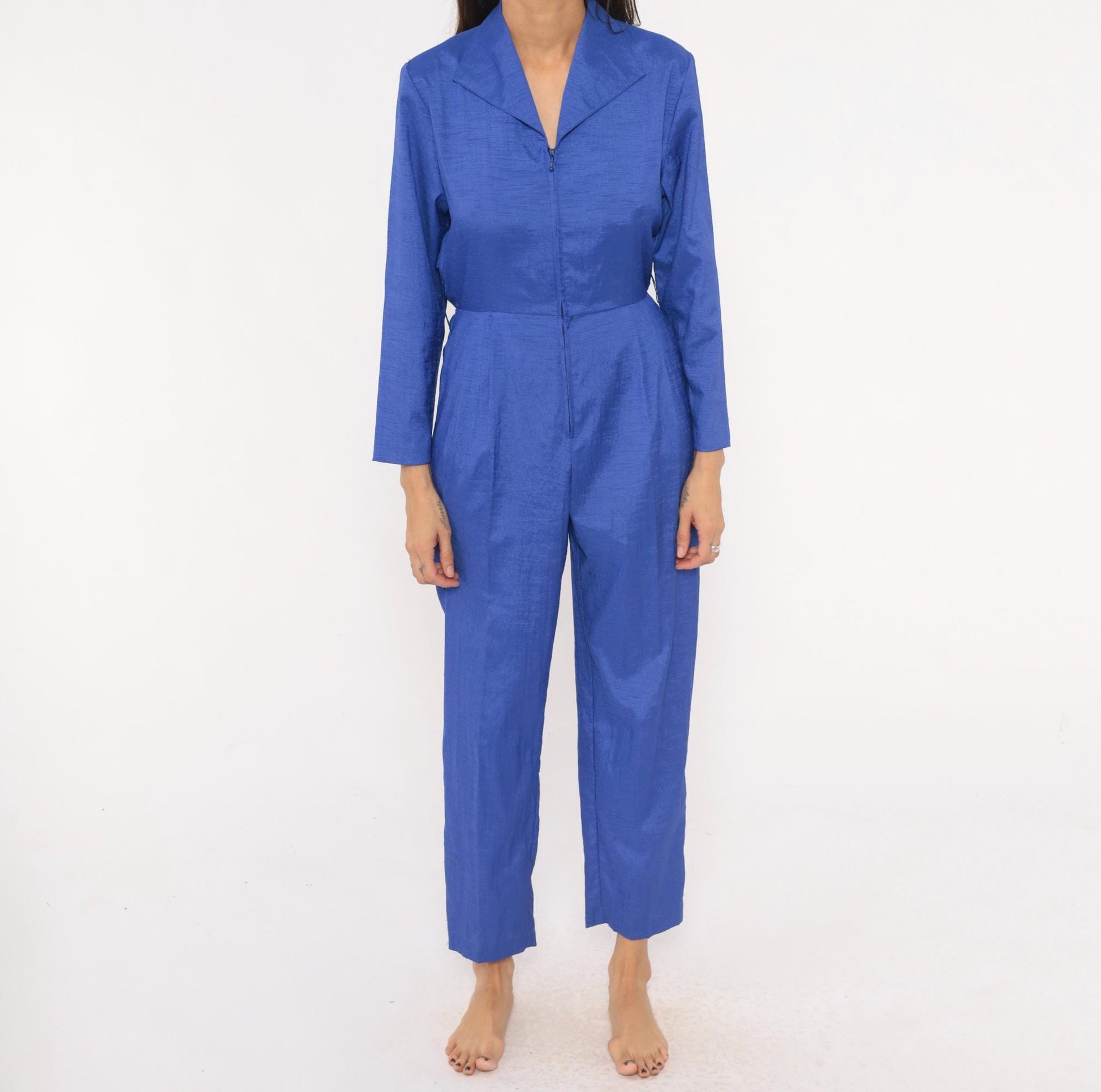80s Joan Walters Cobalt Jumpsuit Long Sleeve Pleated Tapered Small