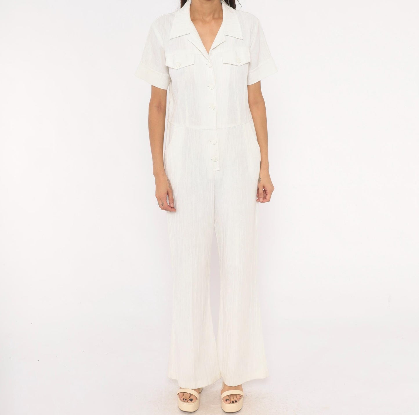 70s White Cotton Linen Jumpsuit Button Front Wide Leg Camp Collar Medium M
