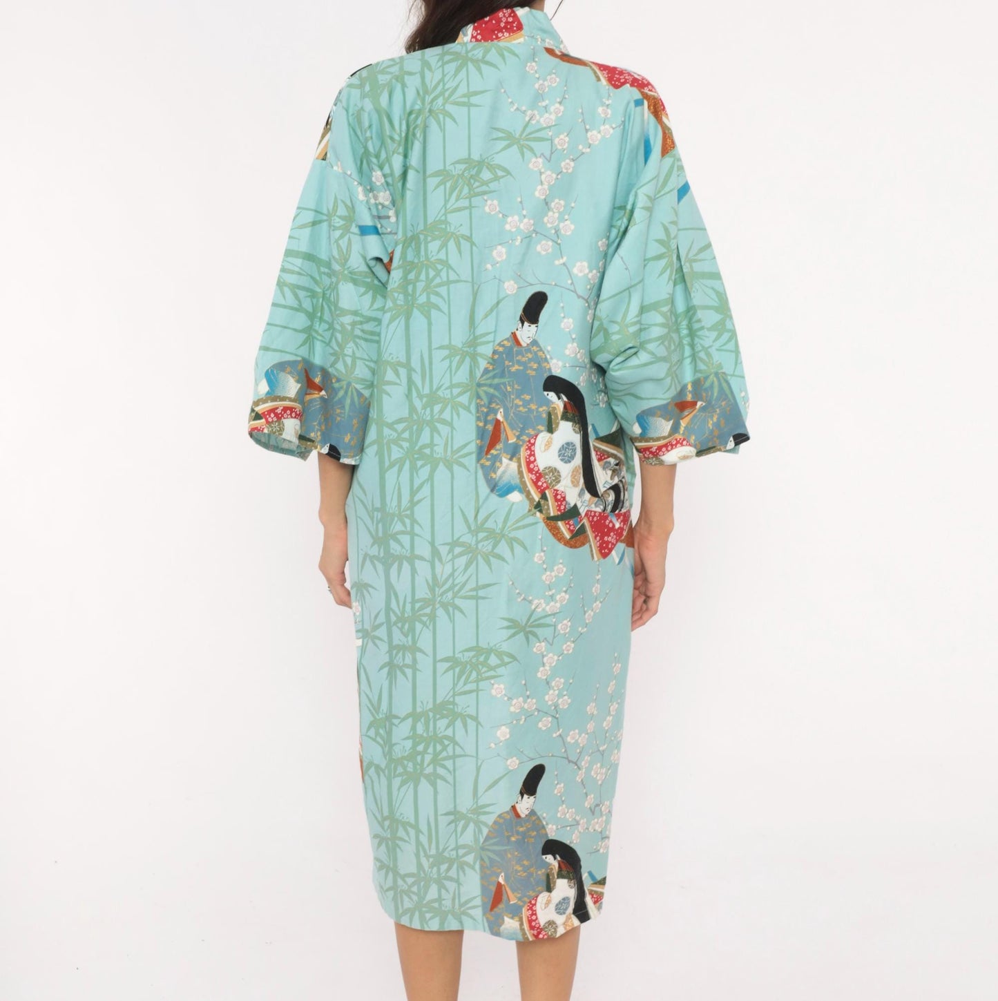 70s Hayashi Kimono Robe Blue Cotton Ukiyo-e Geisha Print Knee-Length Small