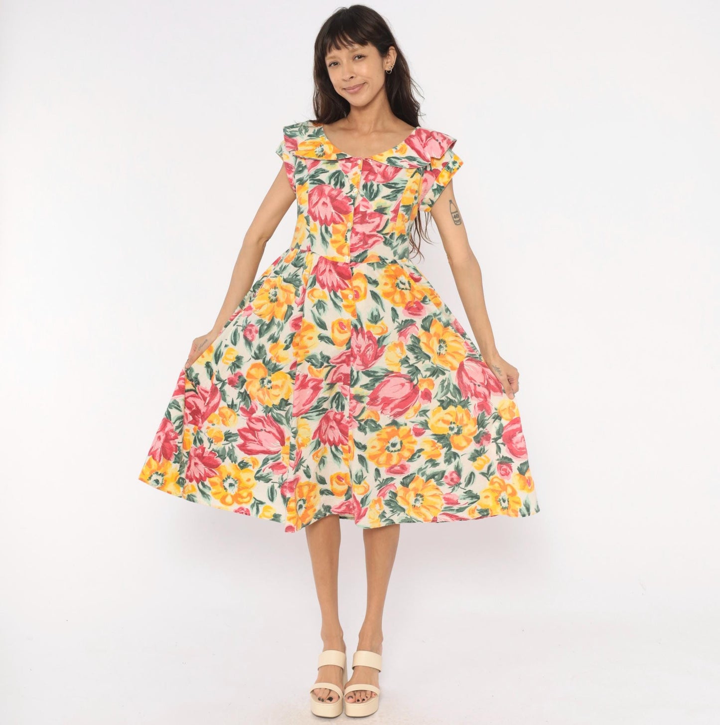 80s Floral Midi Dress Ruffle Collar Rose Print Cream Cotton Medium M