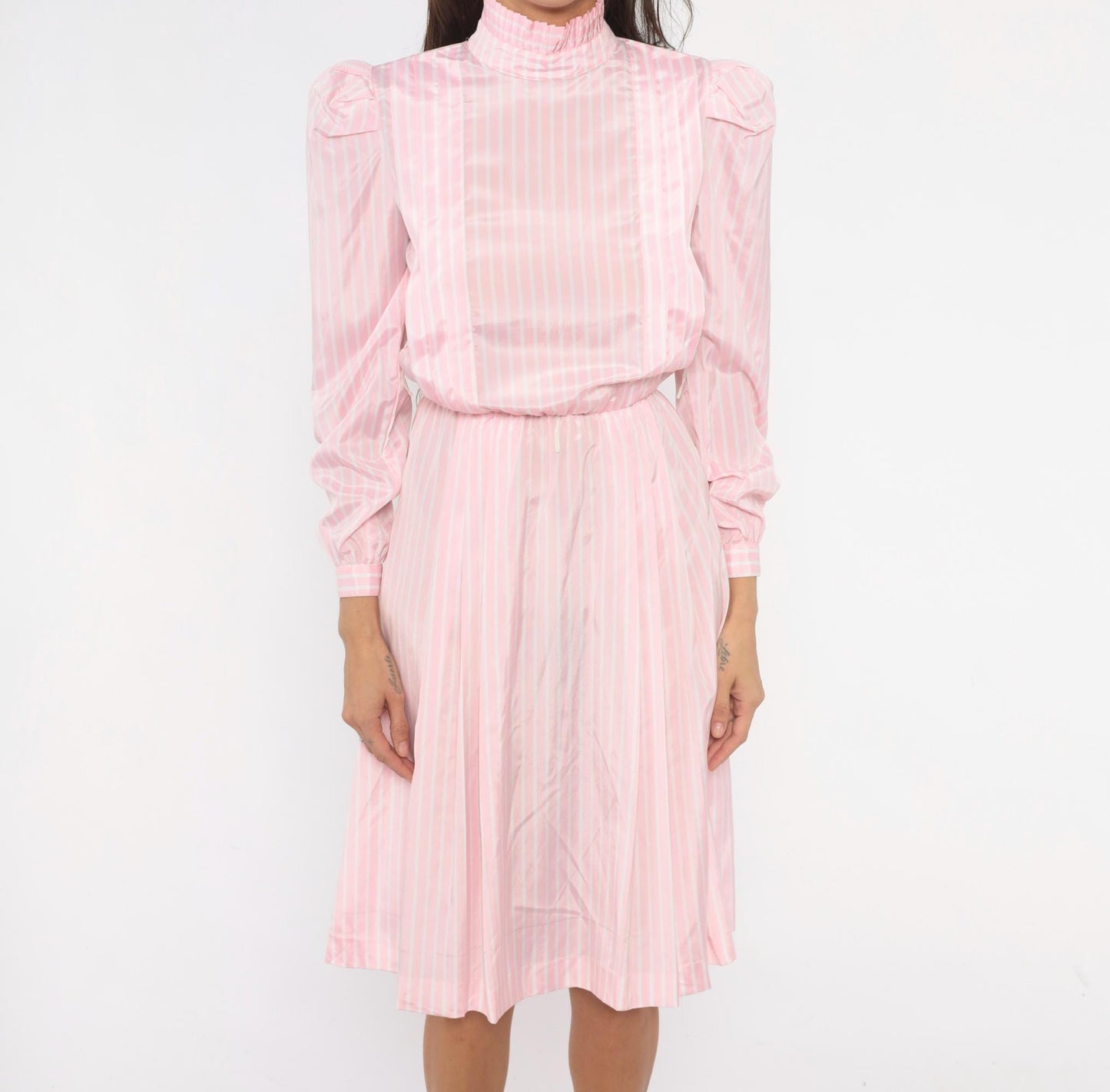 80s Jennifer Pink White Striped Dress Puff Sleeve Mock Neck Small