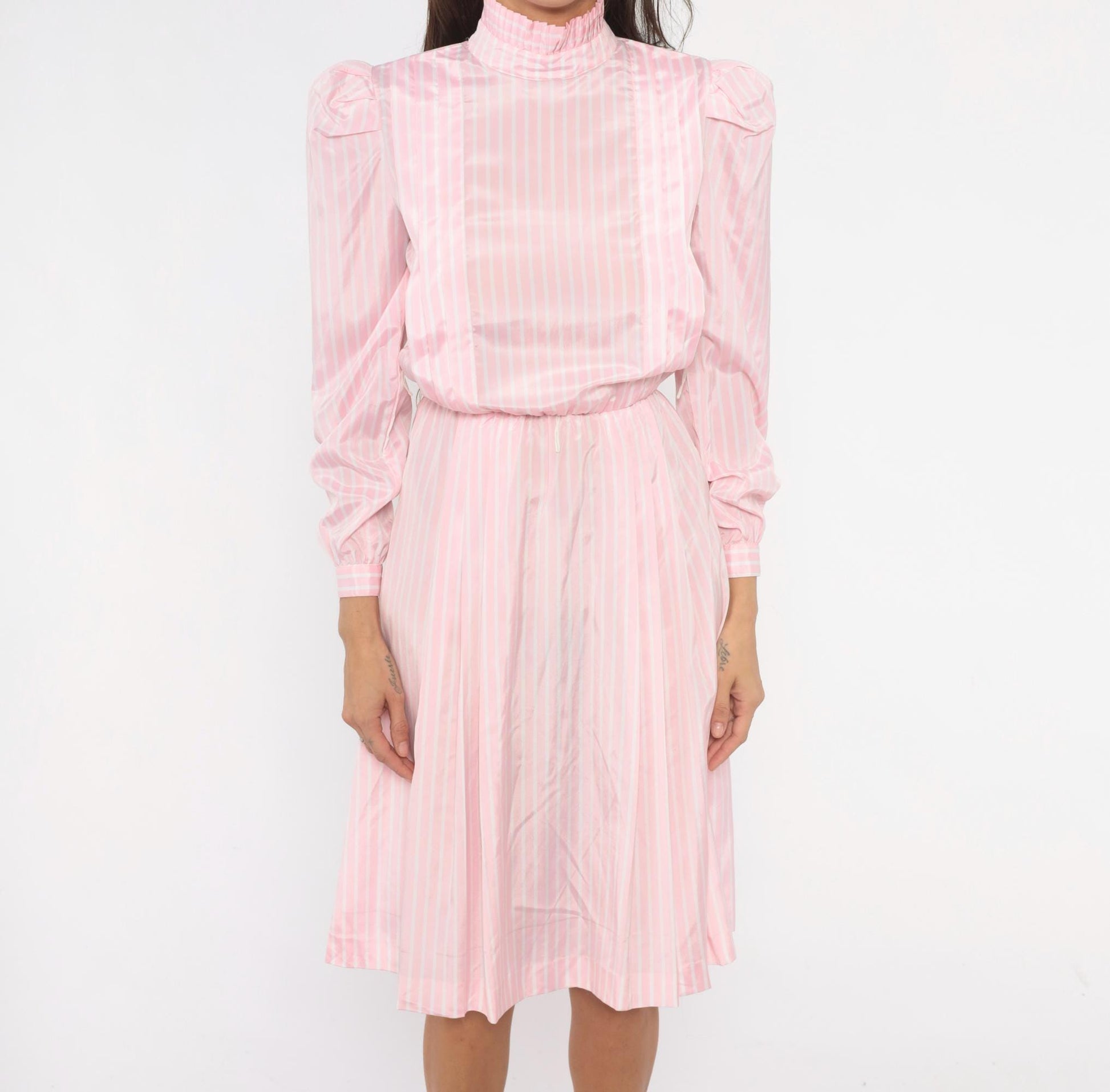80s Jennifer Pink White Striped Dress Puff Sleeve Mock Neck Small