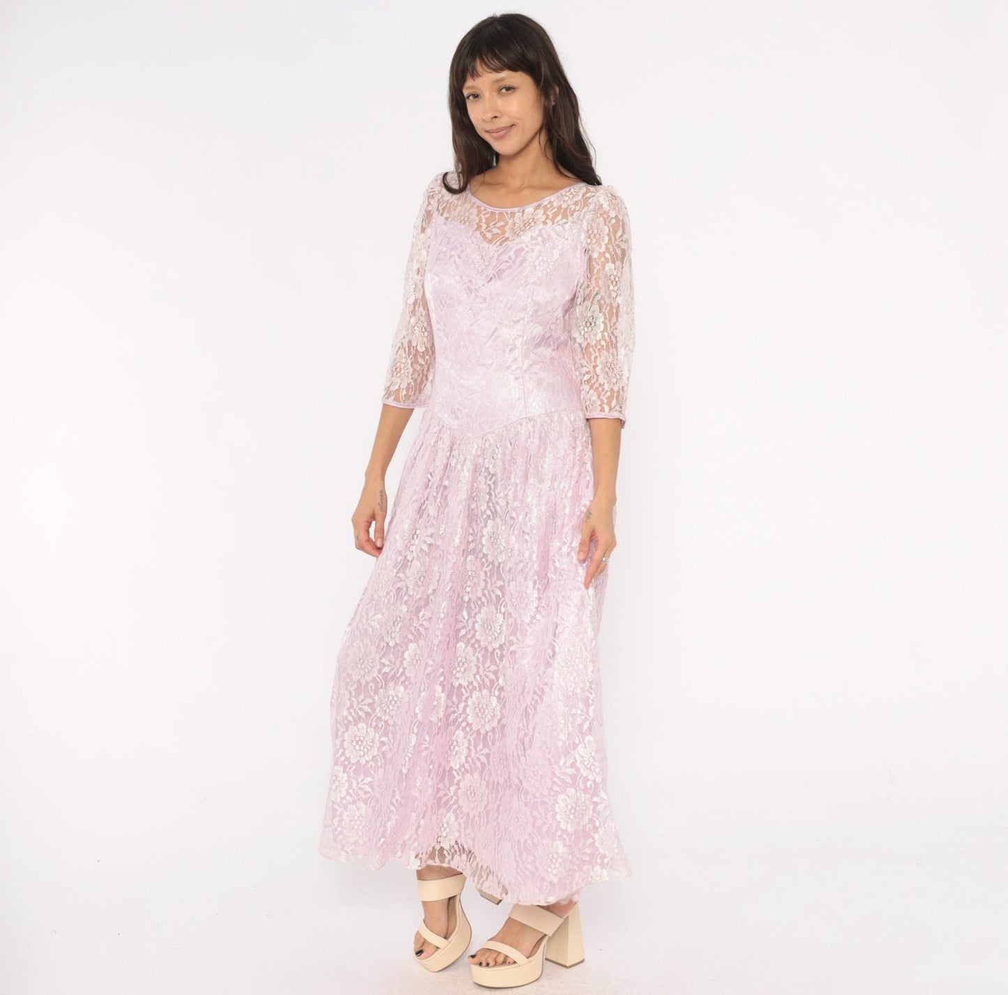 80s Lavender Lace Maxi Dress Floral Sheer Sleeve Drop Waist Large L
