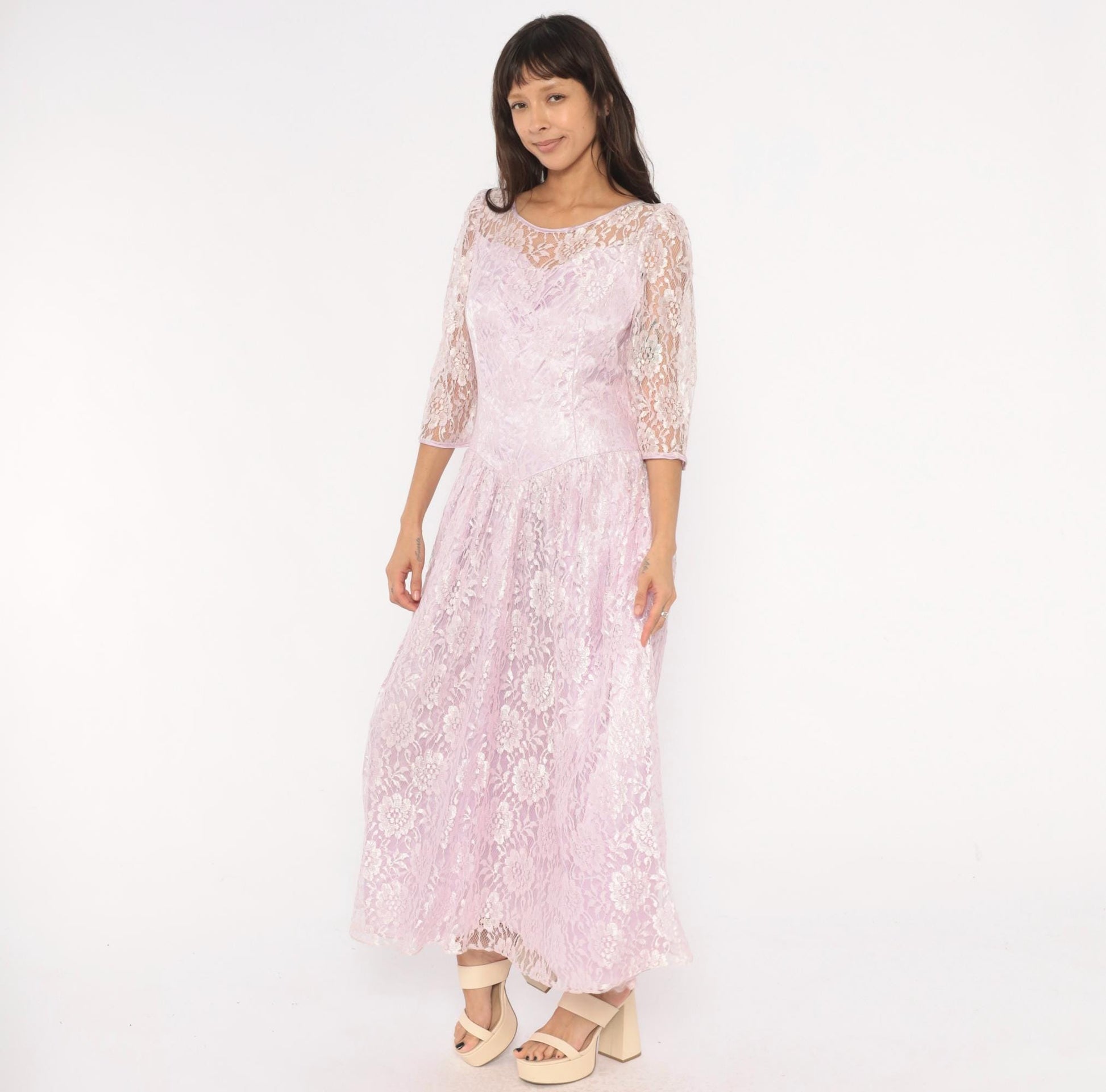 80s Lavender Lace Maxi Dress Floral Sheer Sleeve Drop Waist Large L