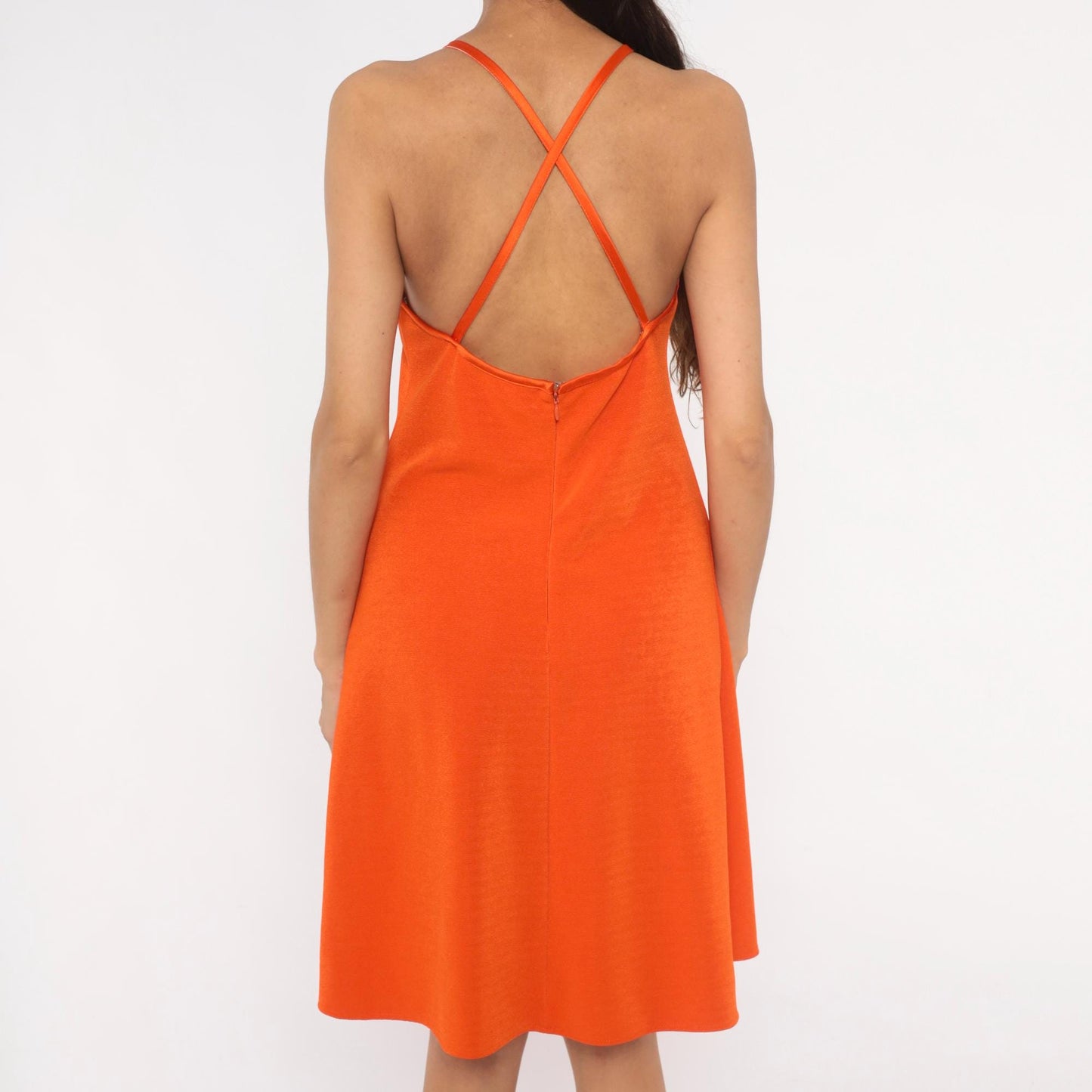 90s Jessica Howard Orange Halter Dress Criss Cross Back Knee Length Small