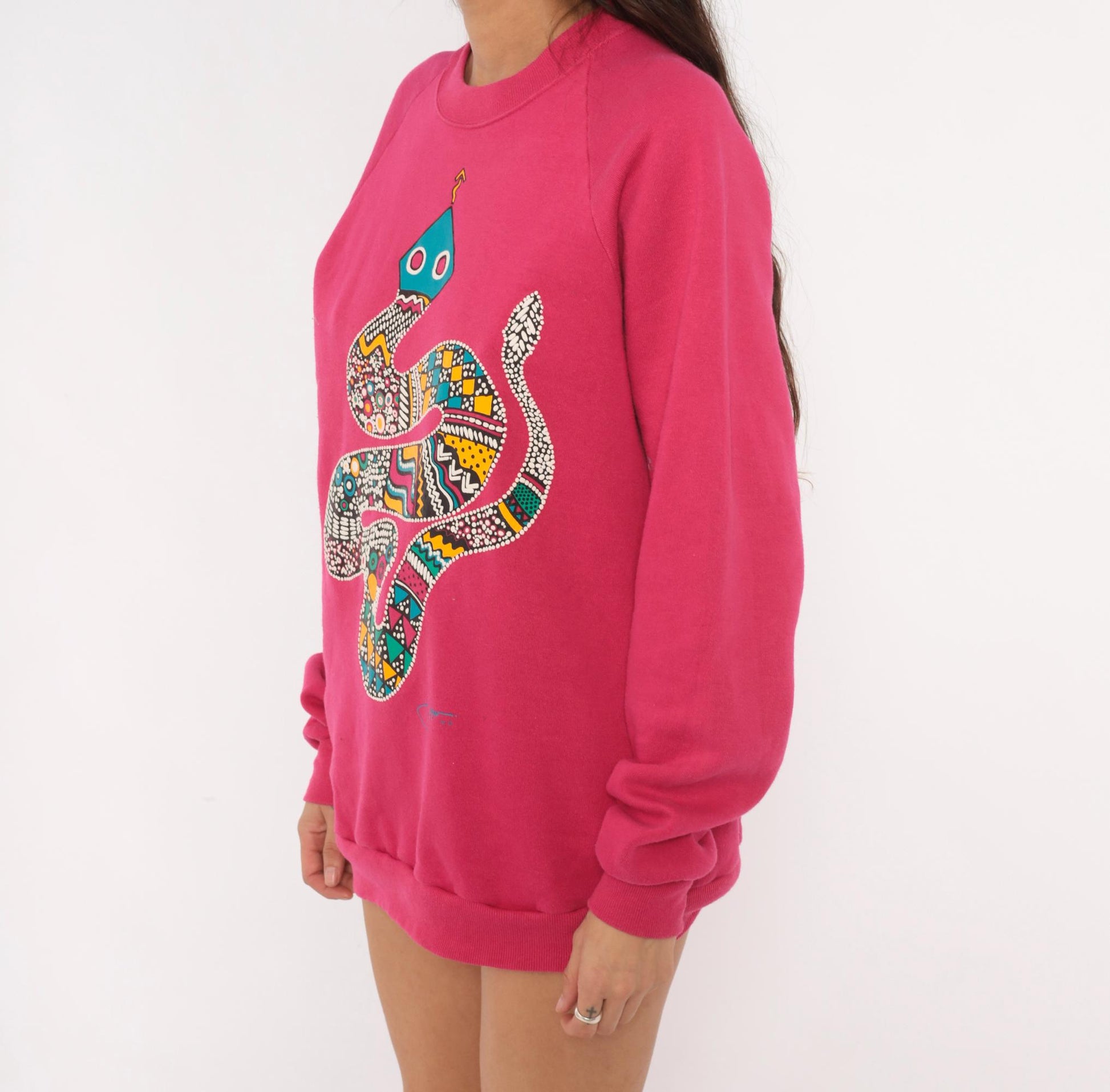 90s National Screenprint Snake Tribal Sweatshirt Hot Pink Raglan Large