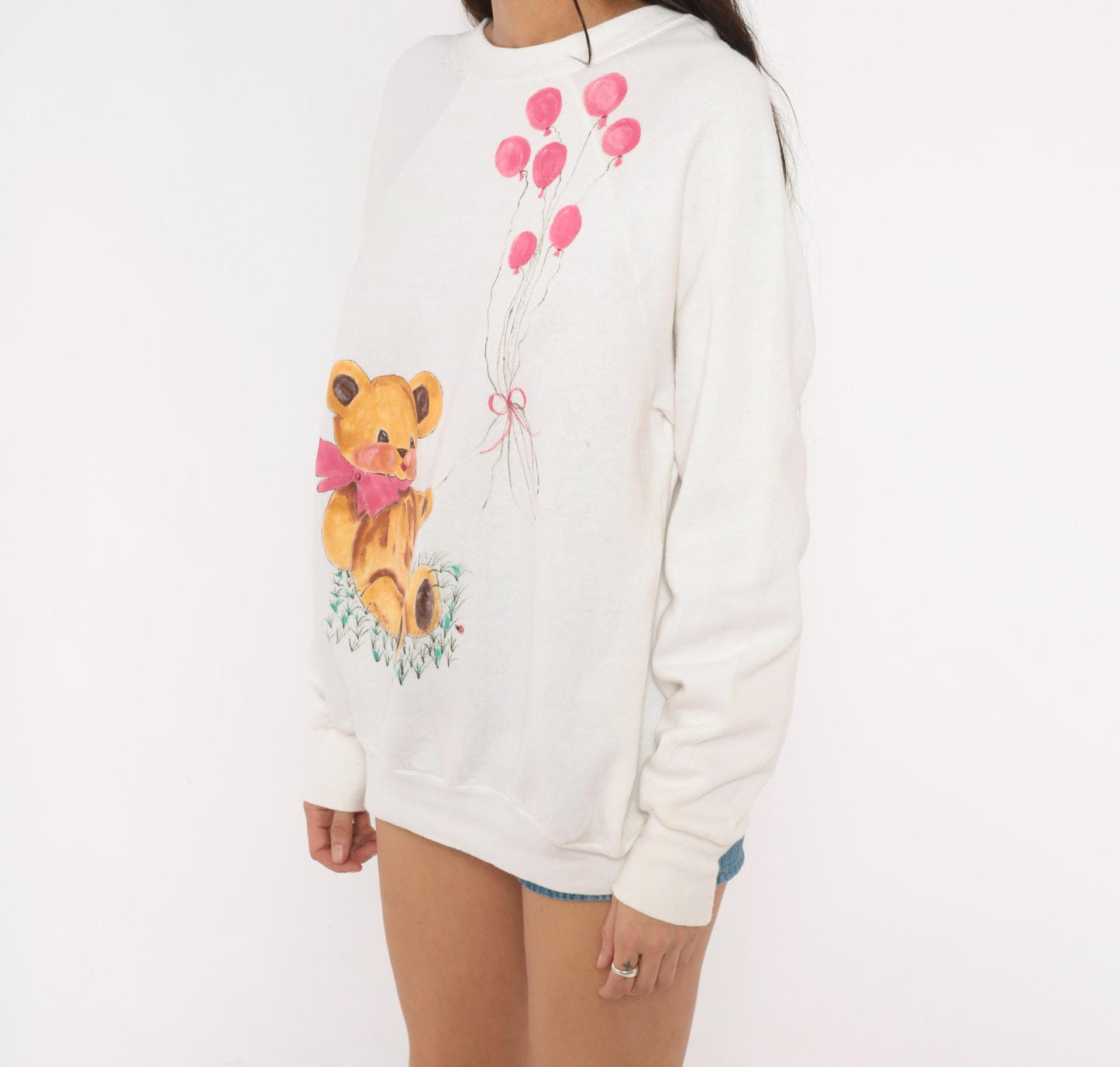 90s Hand-Painted Teddy Bear Sweatshirt White Pink Balloons Raglan Extra Large XL