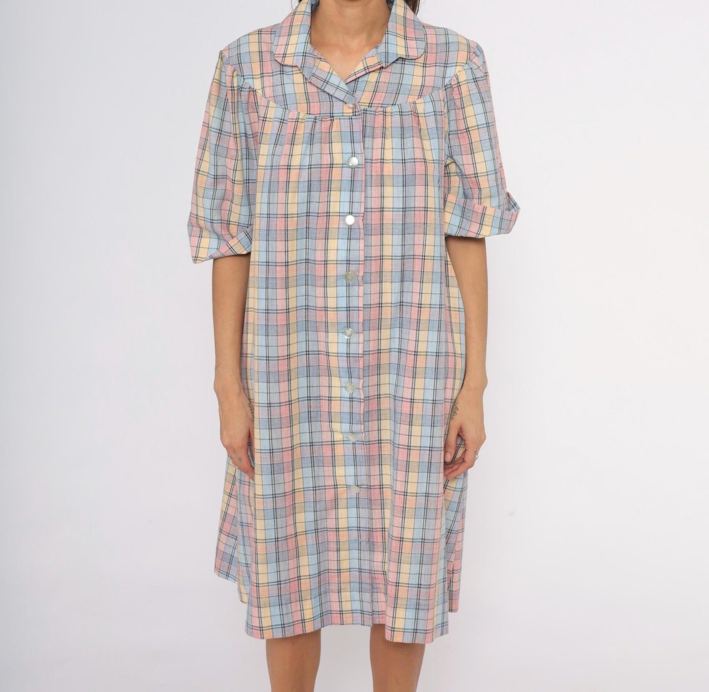 80s Pastel Plaid Cotton Shirt Dress Knee-Length Collared Housecoat Large