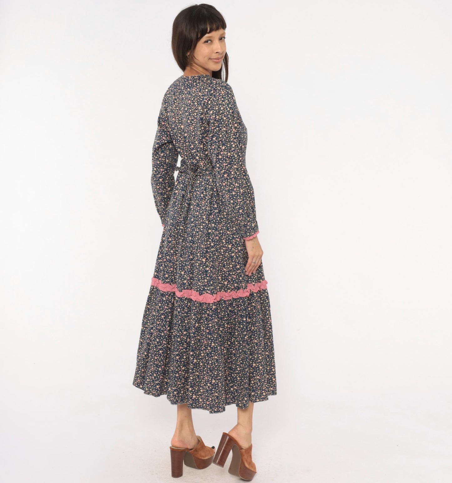 Y2K Indah Navy Floral Maxi Dress Cotton Long Sleeve Ruffle Trim Medium M