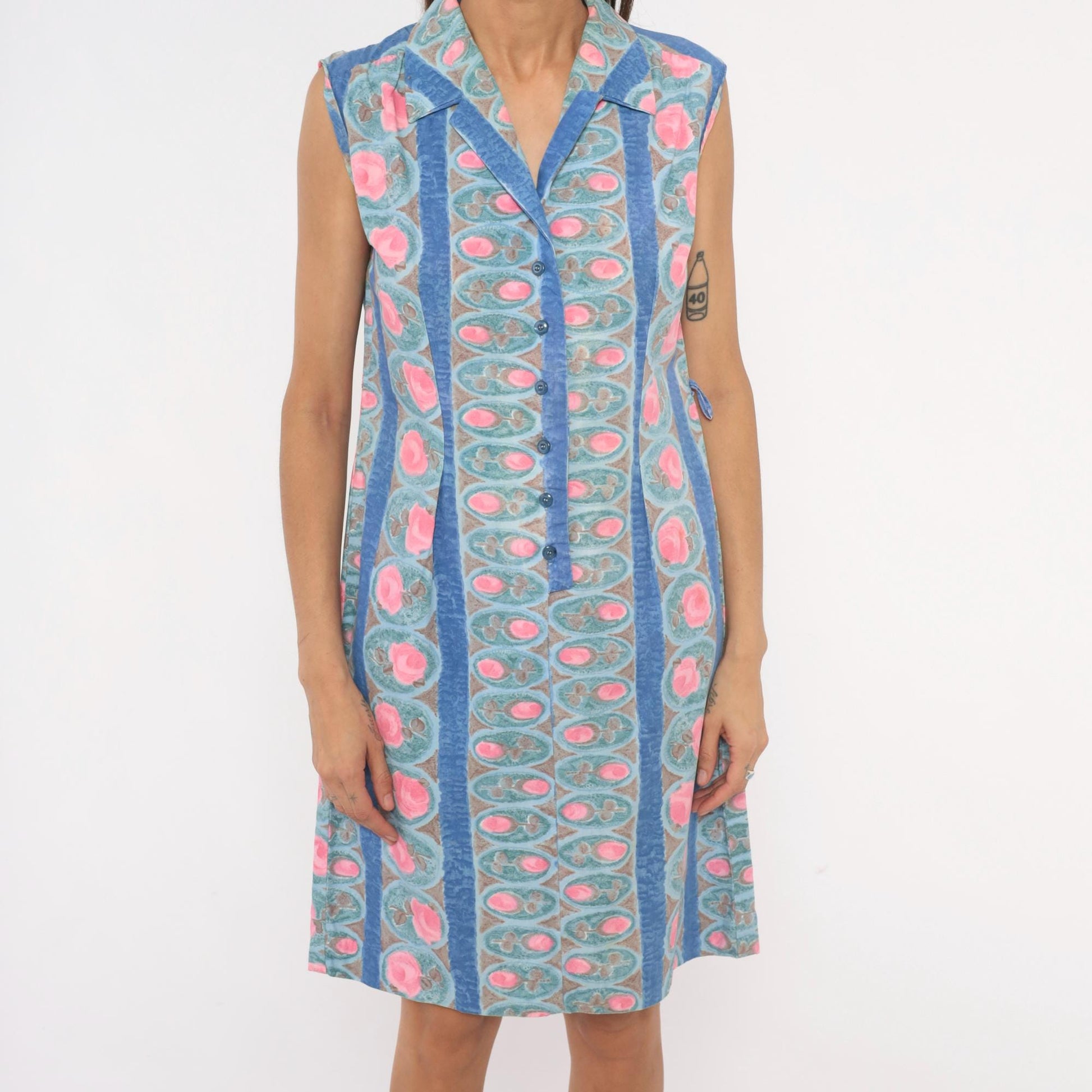 80s Floral Medallion Shirtdress Blue Pink Striped Cotton Sleeveless Medium