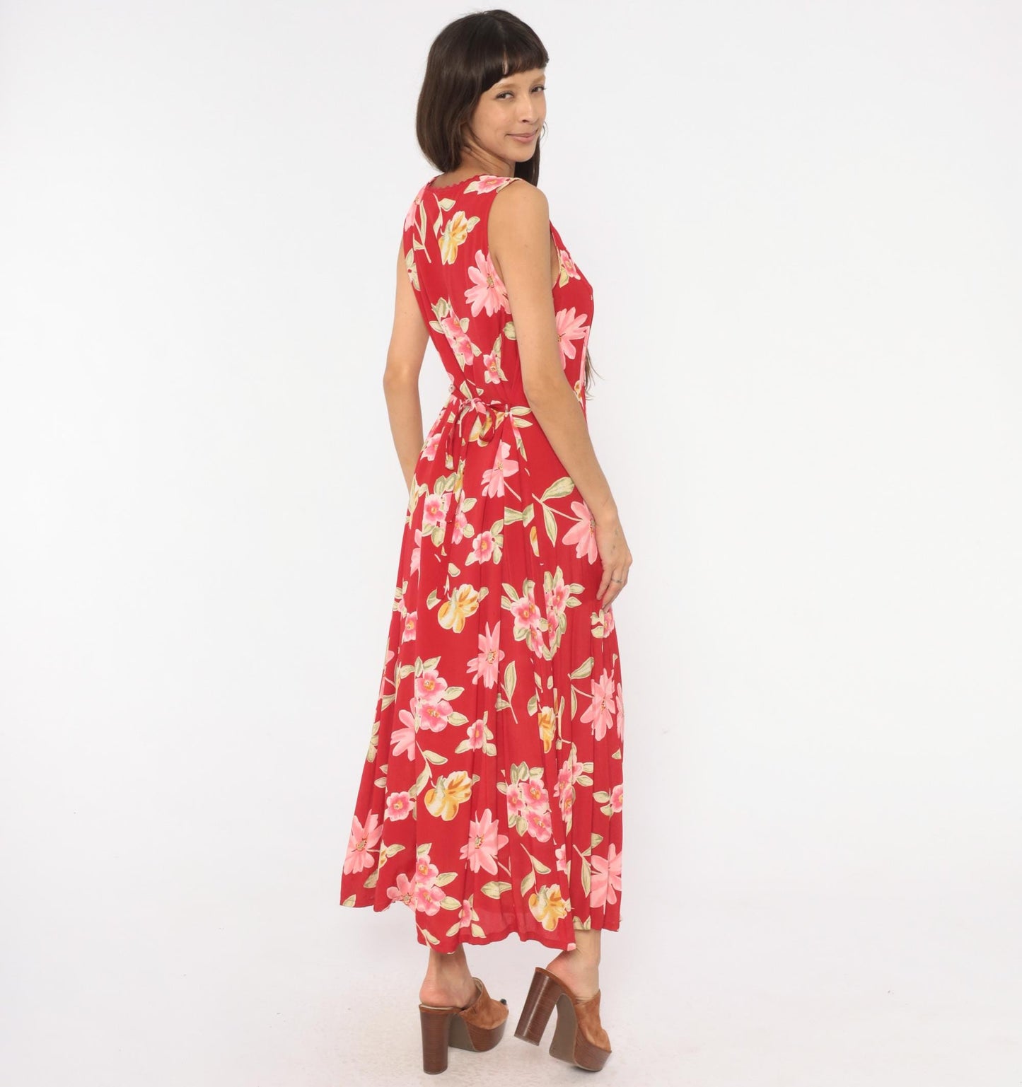 90s White Stag Red Floral Maxi Dress Sleeveless V-Neck Lace Trim Large L