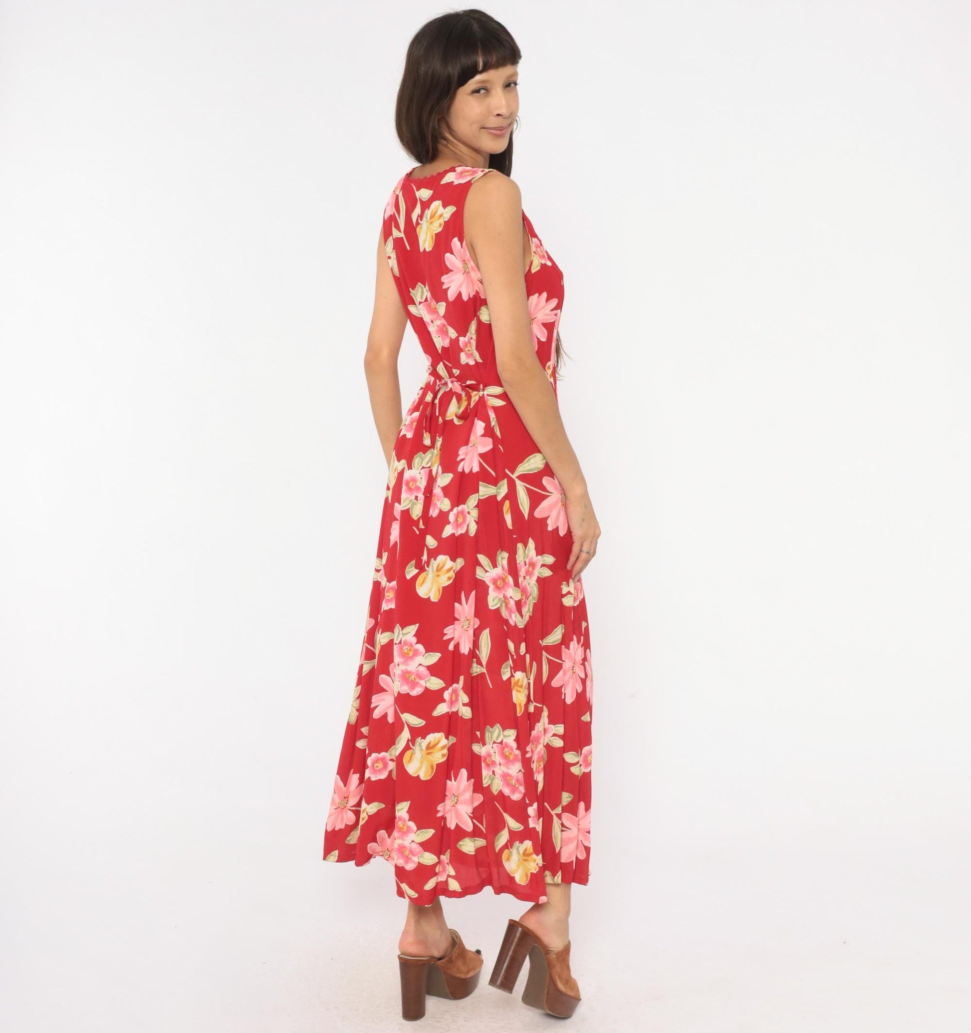90s White Stag Red Floral Maxi Dress Sleeveless V-Neck Lace Trim Large L