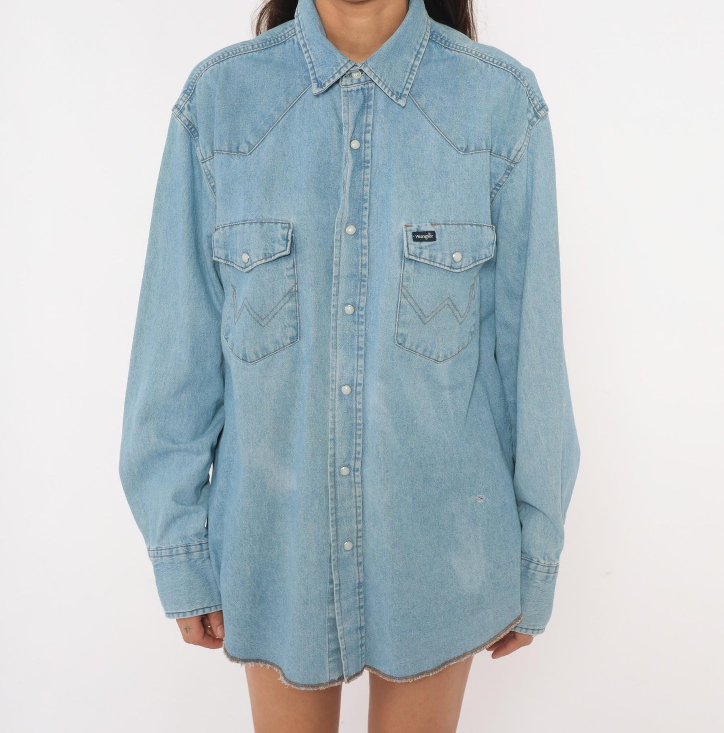 90s Wrangler Western Denim Shirt Pearl Snap Light Blue Cotton Large L