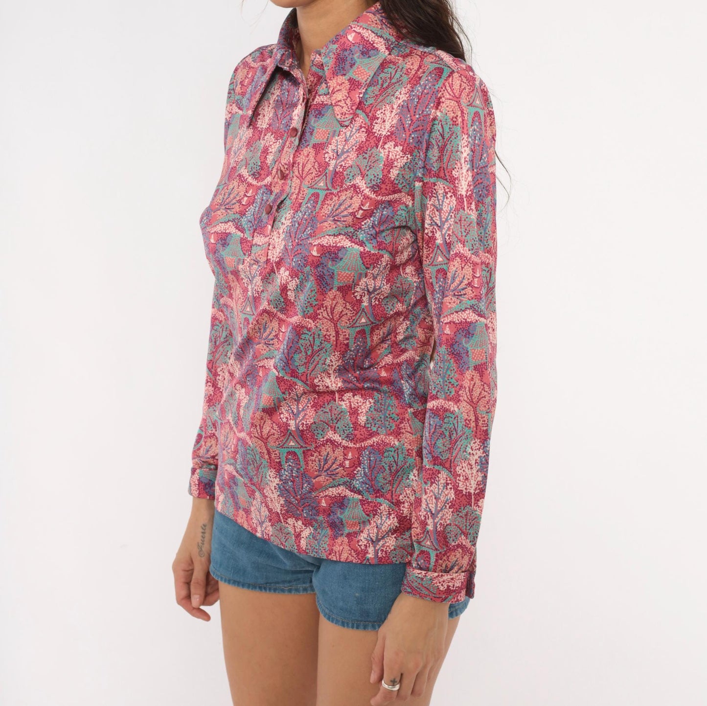 70s Pointillist Tree Blouse Pink Teal Woodland Polo Collar Bishop Sleeve Medium
