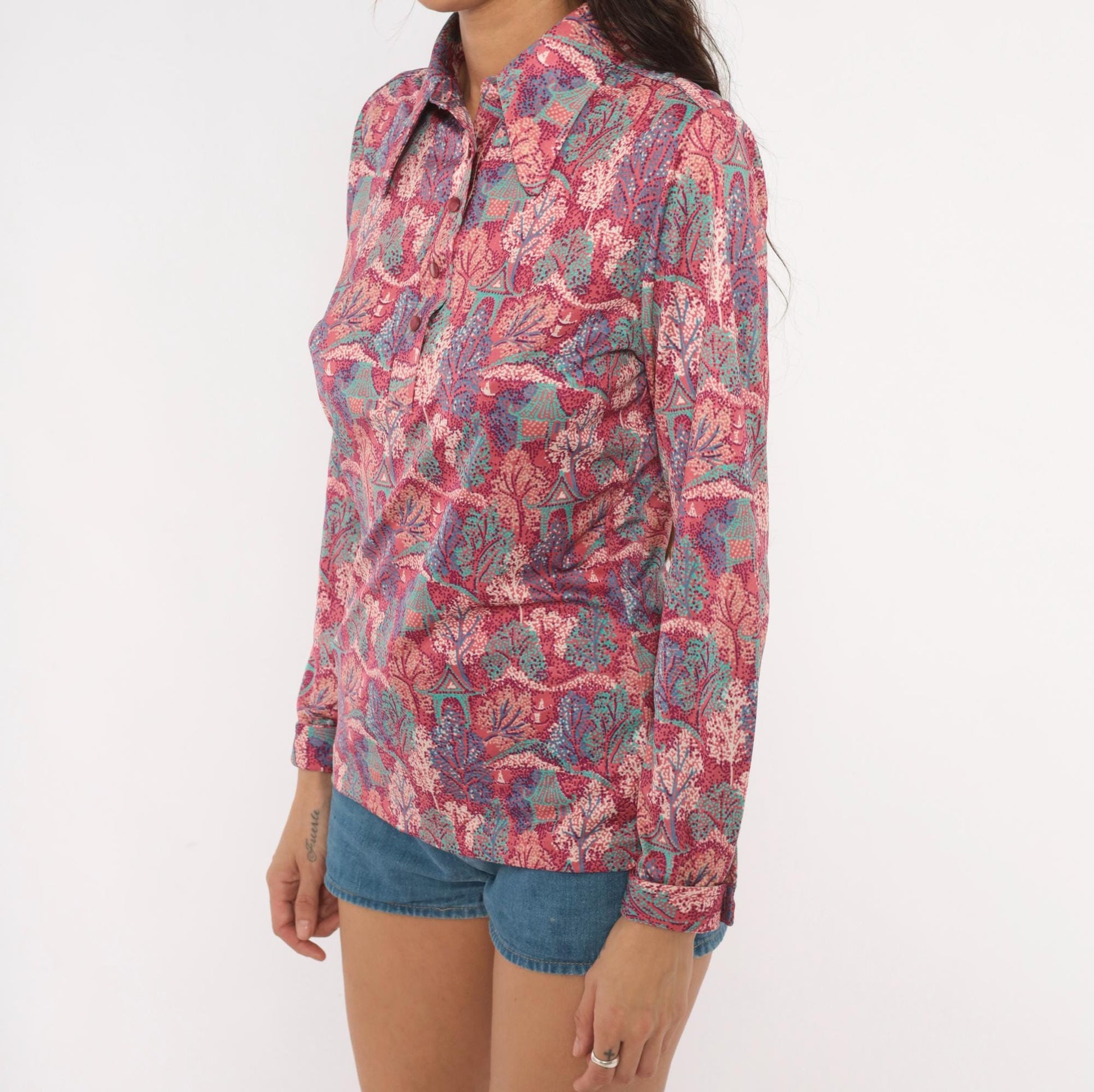 70s Pointillist Tree Blouse Pink Teal Woodland Polo Collar Bishop Sleeve Medium