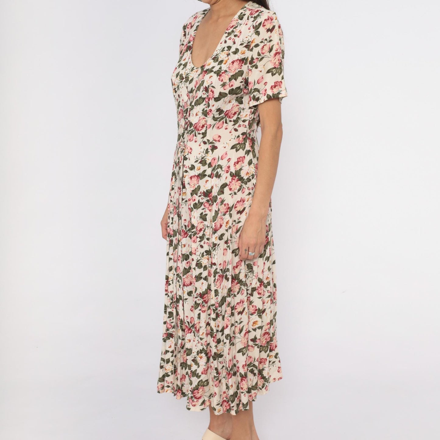 90s Jamie Brooke Midi Dress Cream Floral Tie Front Puff Sleeve Medium M