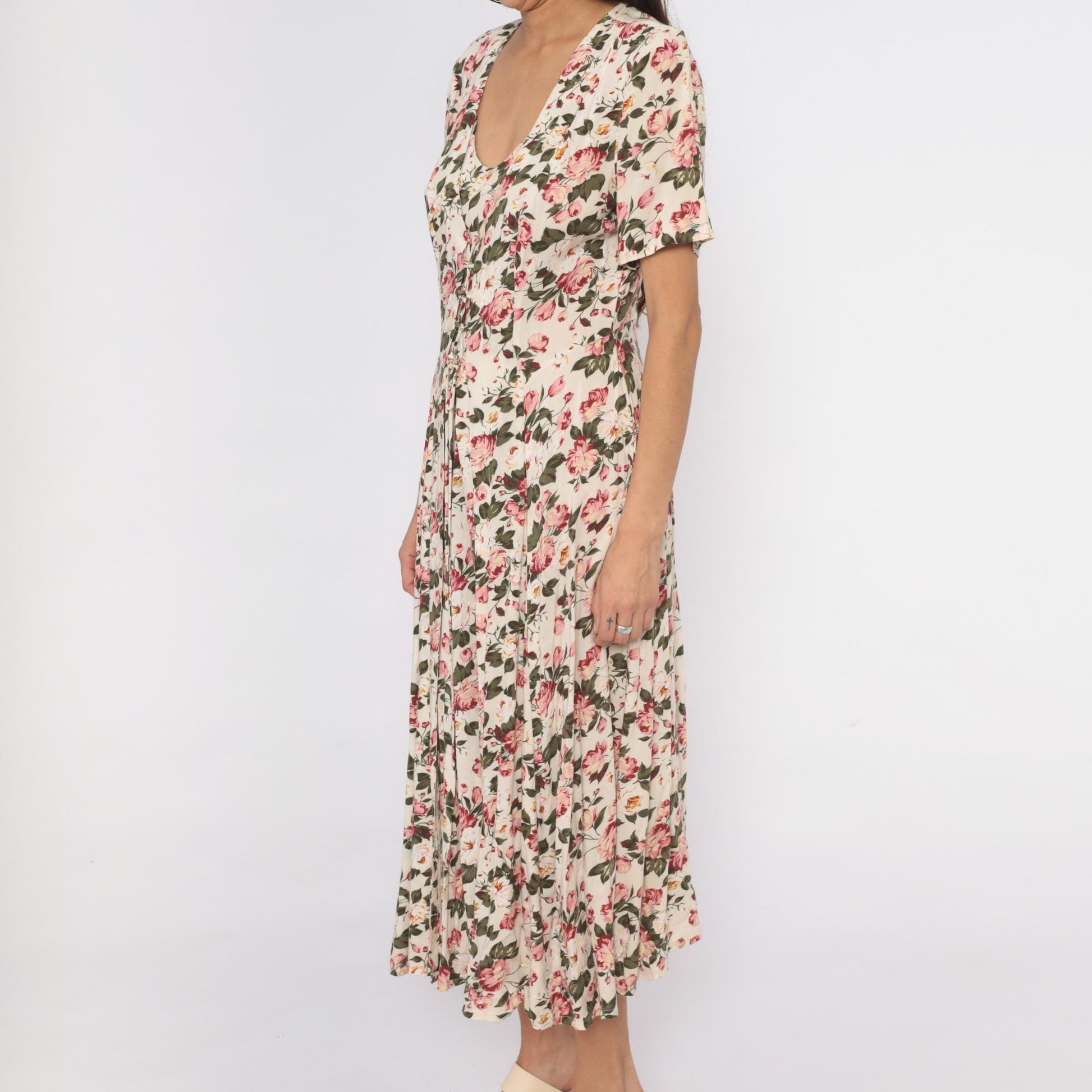 90s Jamie Brooke Midi Dress Cream Floral Tie Front Puff Sleeve Medium M