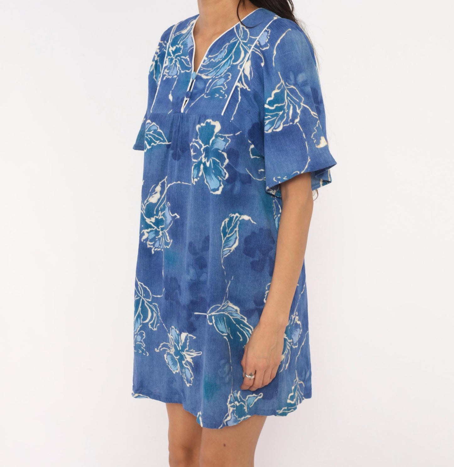 80s Sidan Blue Floral Shift Dress Flutter Sleeve Empire Waist Medium M