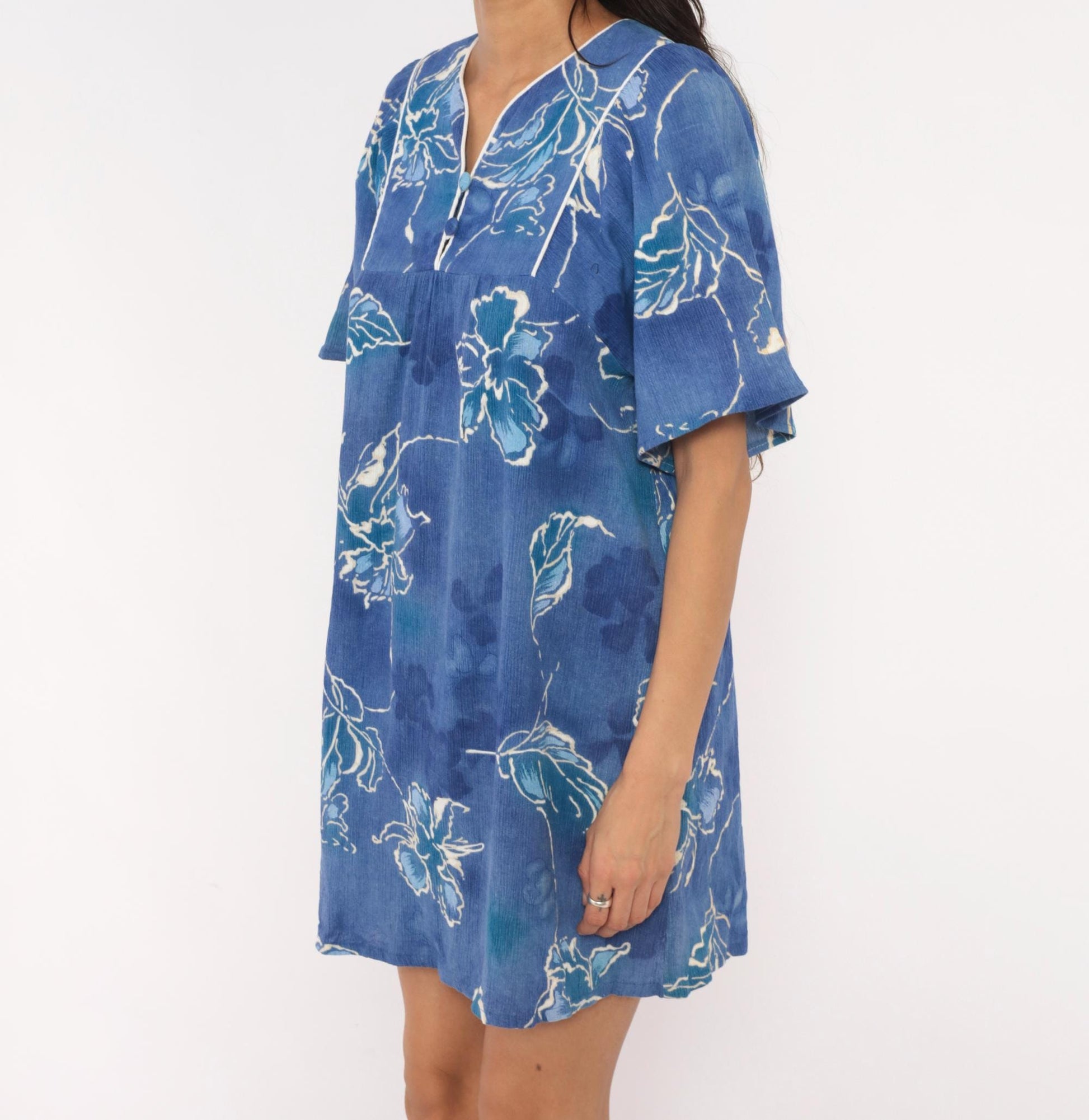80s Sidan Blue Floral Shift Dress Flutter Sleeve Empire Waist Medium M
