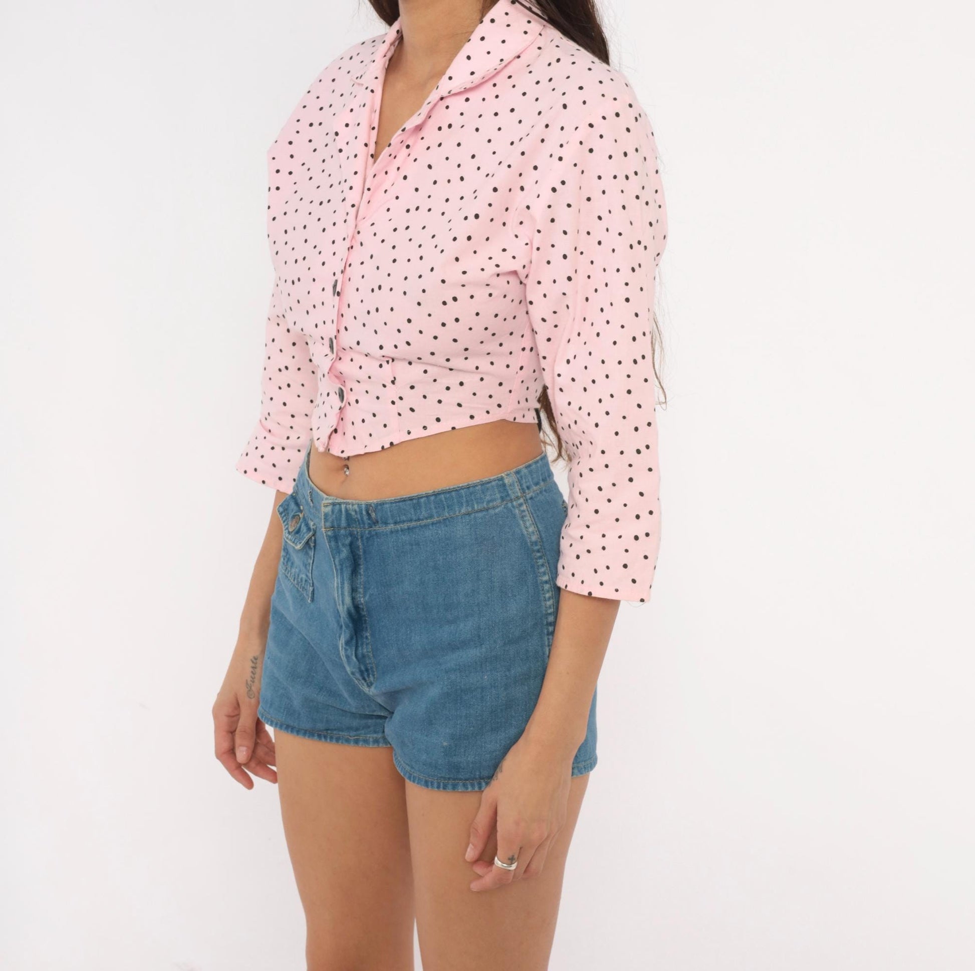 90s Sitting Pretty Pink Black Polka Dot Crop Top Cotton Button Front Small S