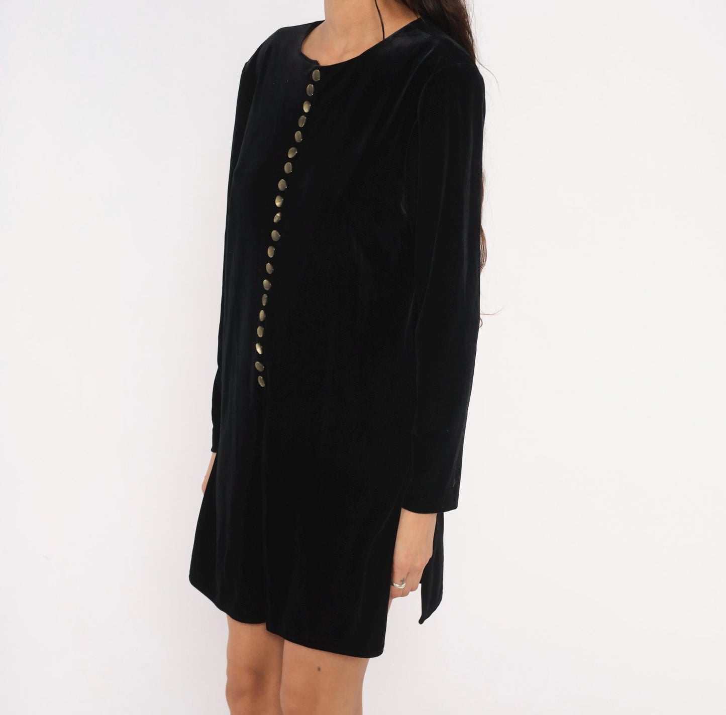 90s Hillard & Hanson Black Velvet Mini Dress Brass Buttons Long Sleeve Large
