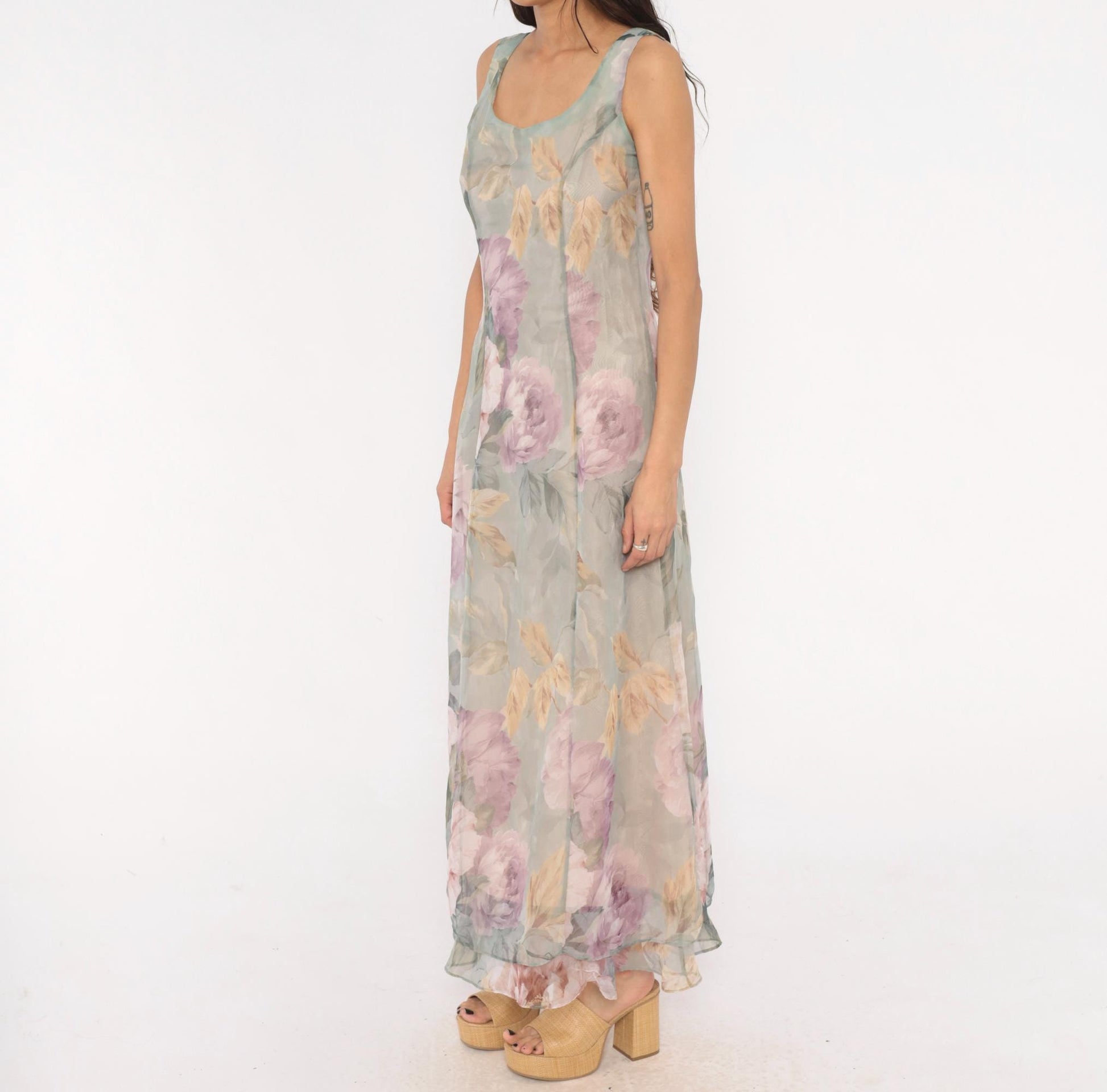 90s Hampton Nites Floral Maxi Dress Sage Pink Chiffon Sleeveless Medium M