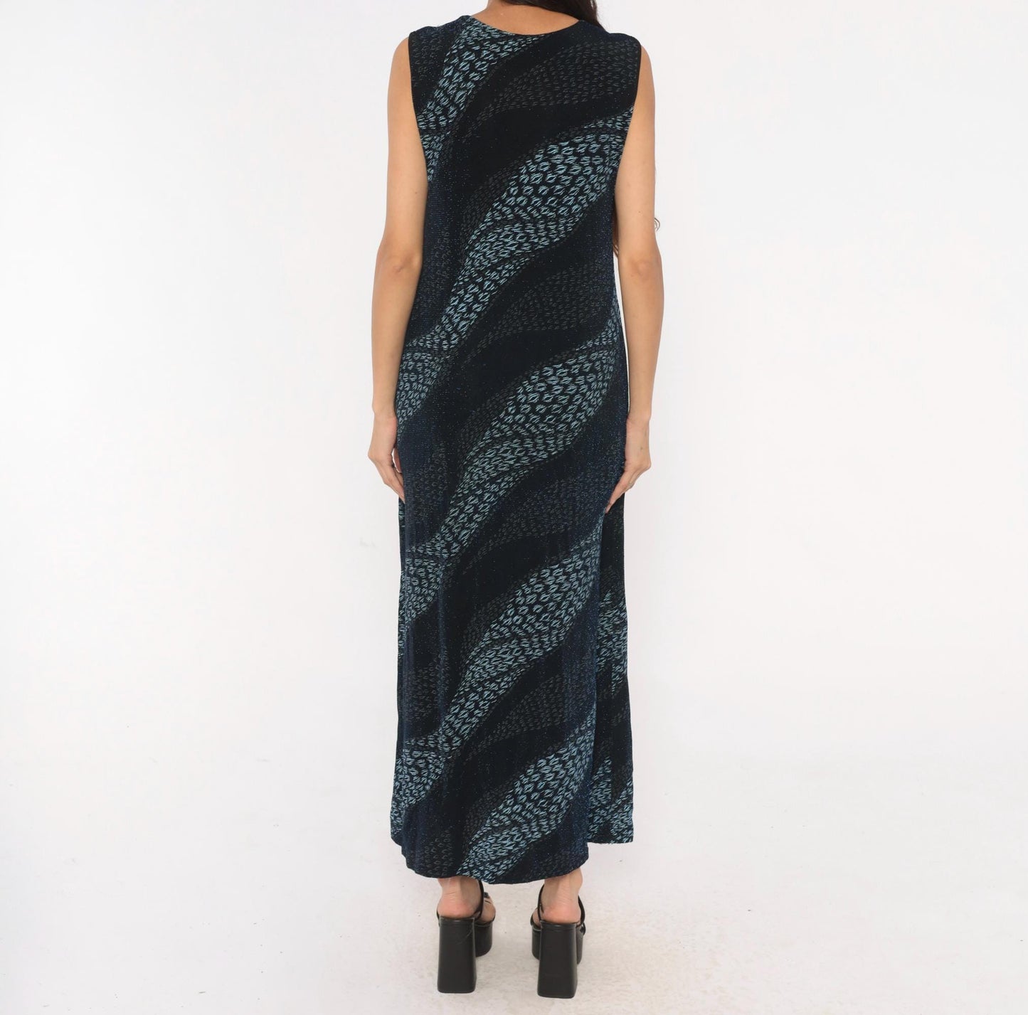 90s Black Blue Leopard Stripe Maxi Dress Sleeveless V Neck Extra Large XL