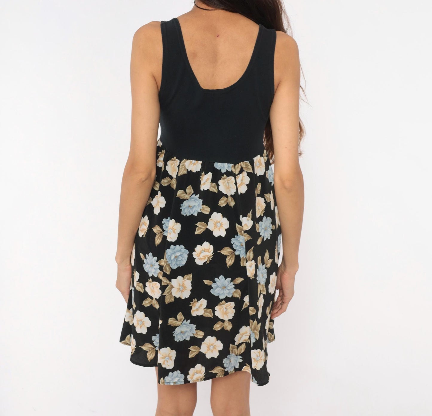90s Floral Babydoll Mini Tank Dress Black Blue Cream Medium M