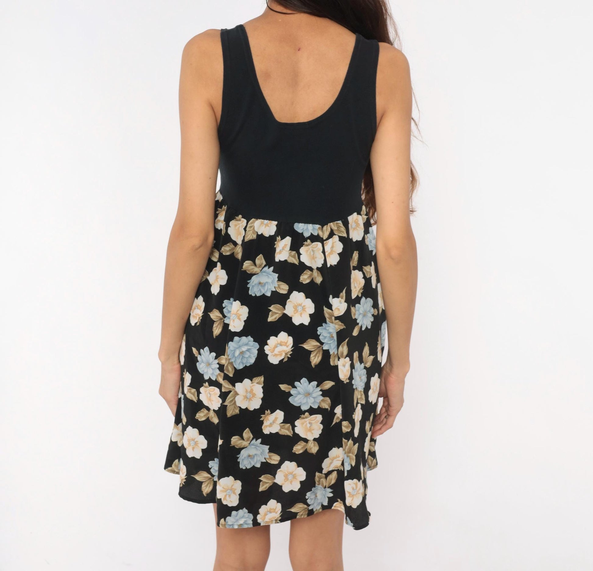 90s Floral Babydoll Mini Tank Dress Black Blue Cream Medium M