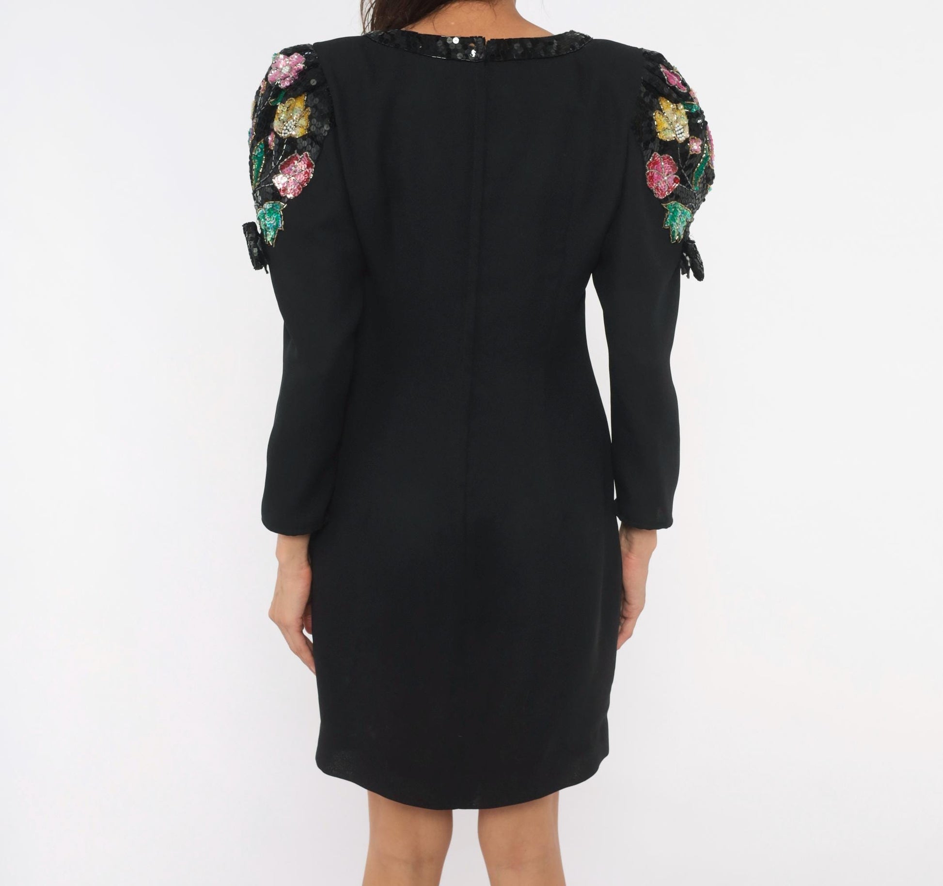 90s Jack Bryan Black Sequin Floral Shift Dress Puff Sleeve Small Medium
