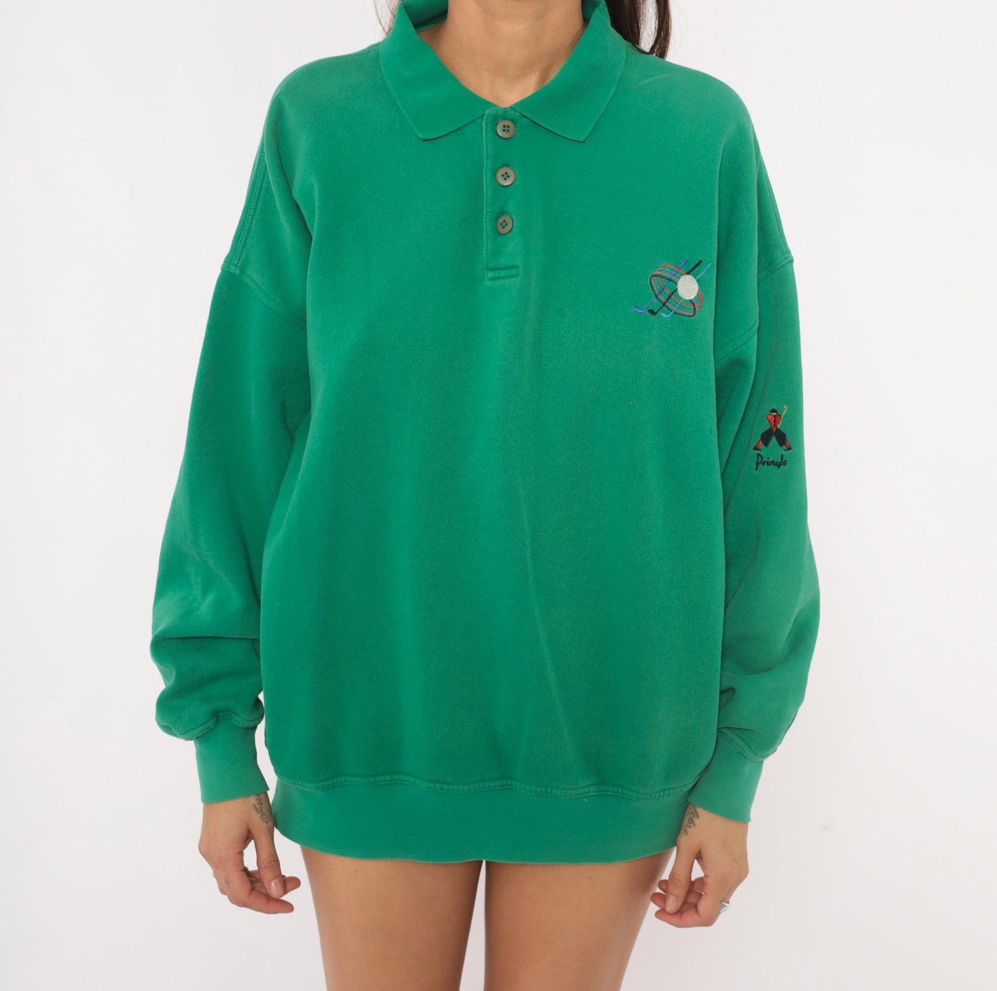 90s Pringle Sports Golf Polo Sweatshirt Green Embroidered Collared Large L