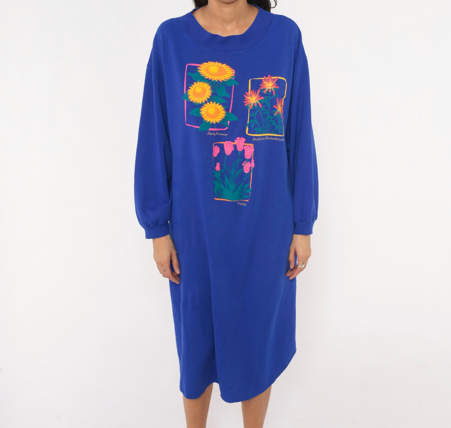 90s Leisure Wear Floral Sweatshirt Dress Cobalt Blue Balloon Sleeve Midi